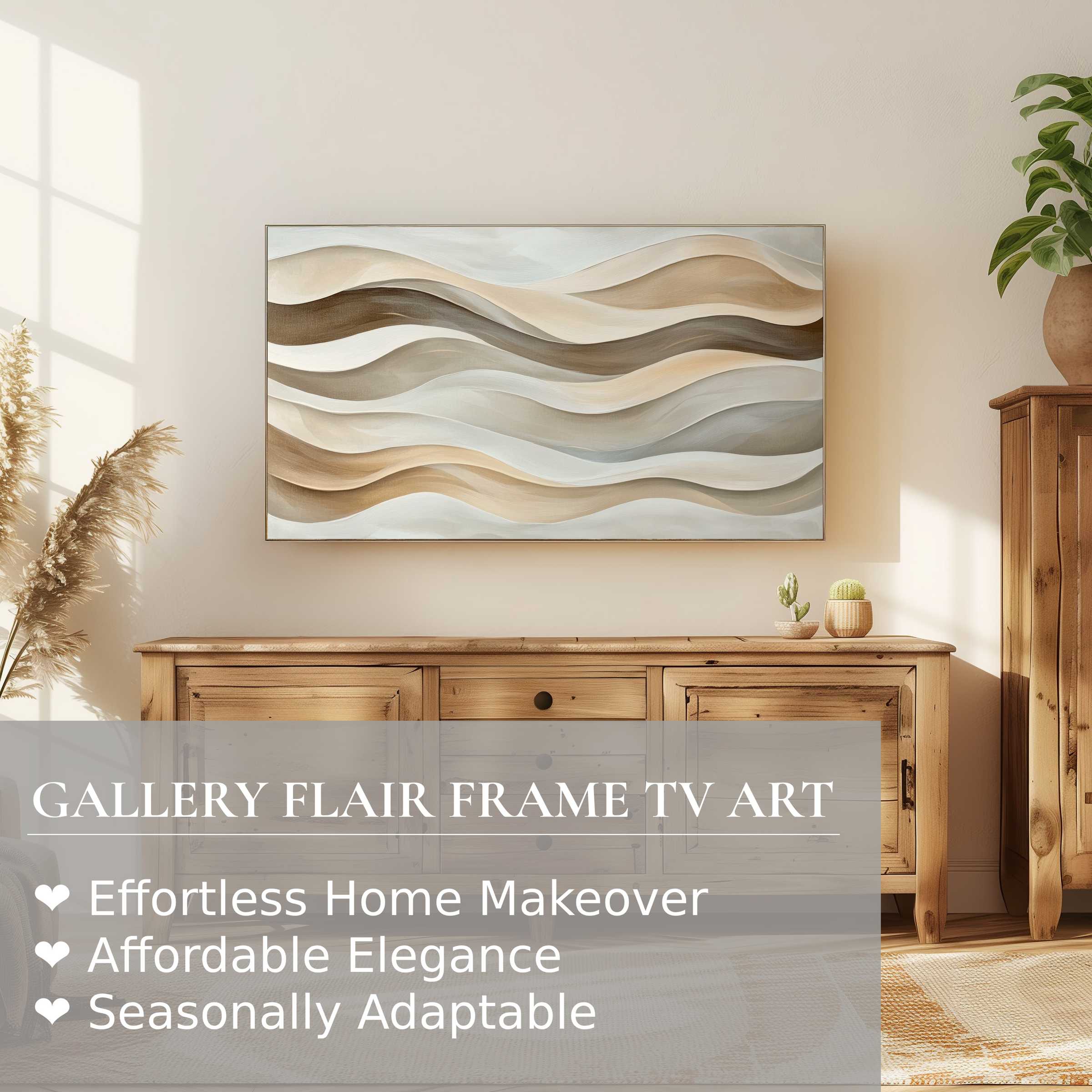 Samsung Frame TV with neutral digital artwork in soft waves, enhancing a warm, elegant, and modern living space