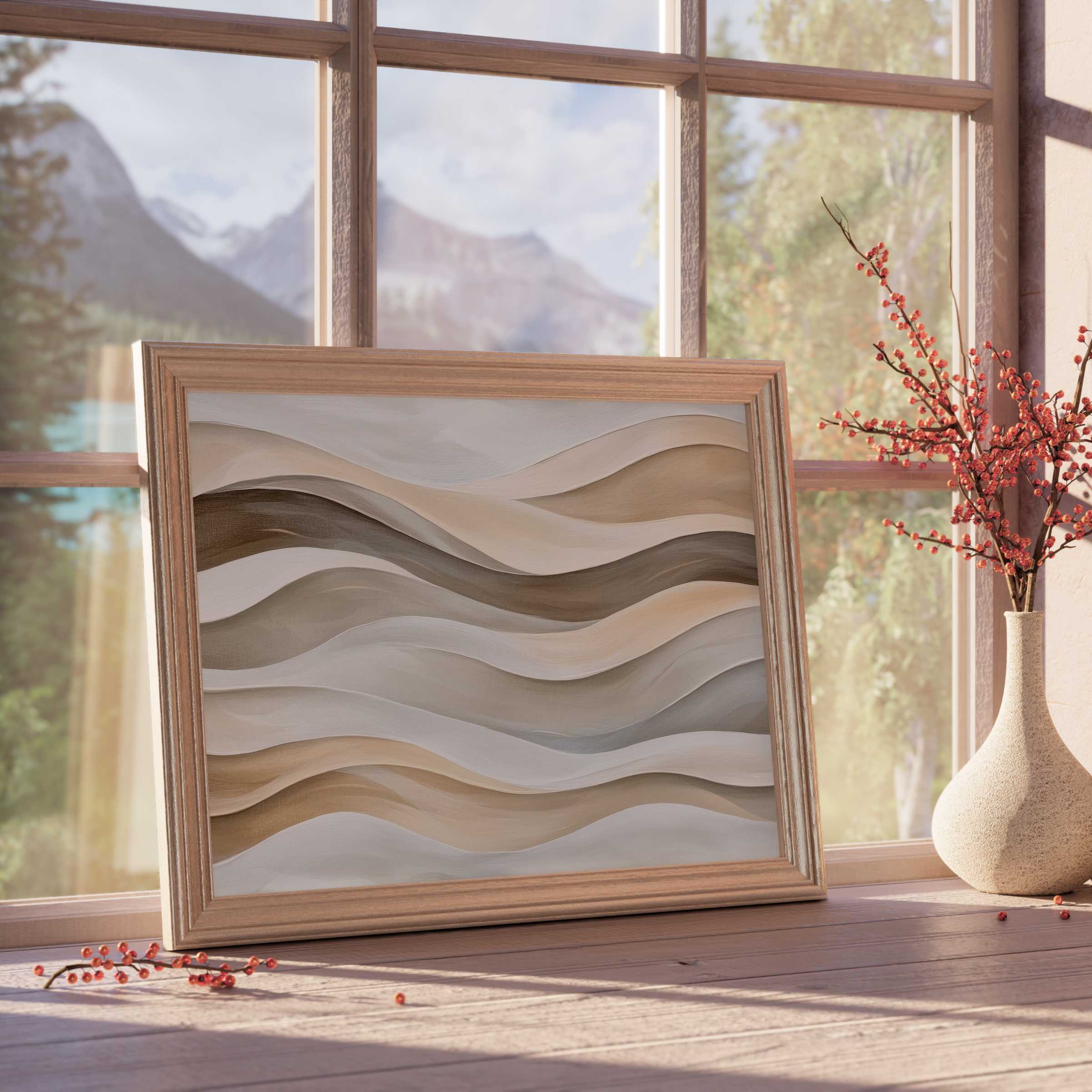 Neutral downloadable art featuring gentle, flowing waves in earthy tones, enhancing serene, curated modern interiors with warm, natural elegance