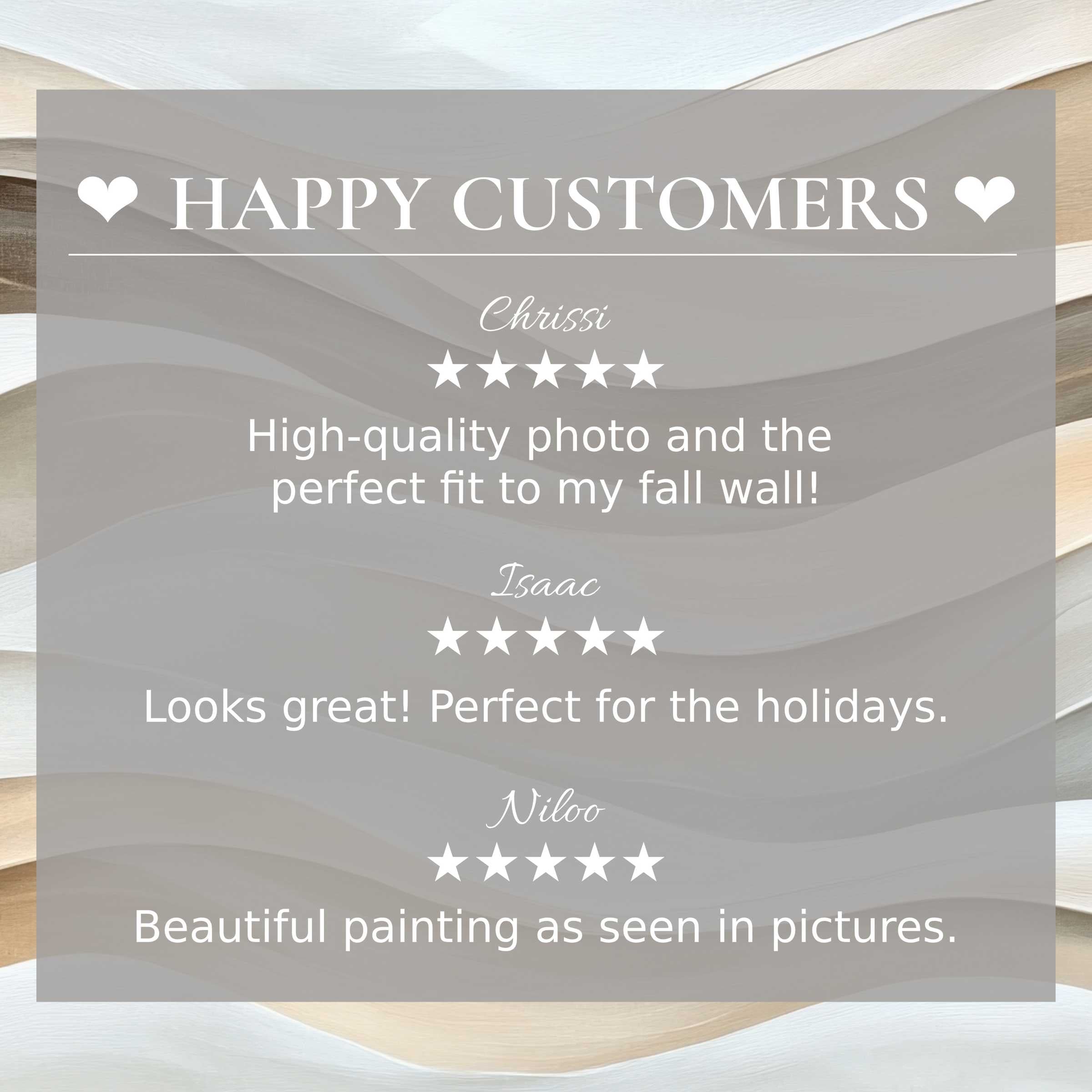 Positive reviews with neutral art for Frame TV featuring soft beige and gray waves, highlighting a happy customer vibe
