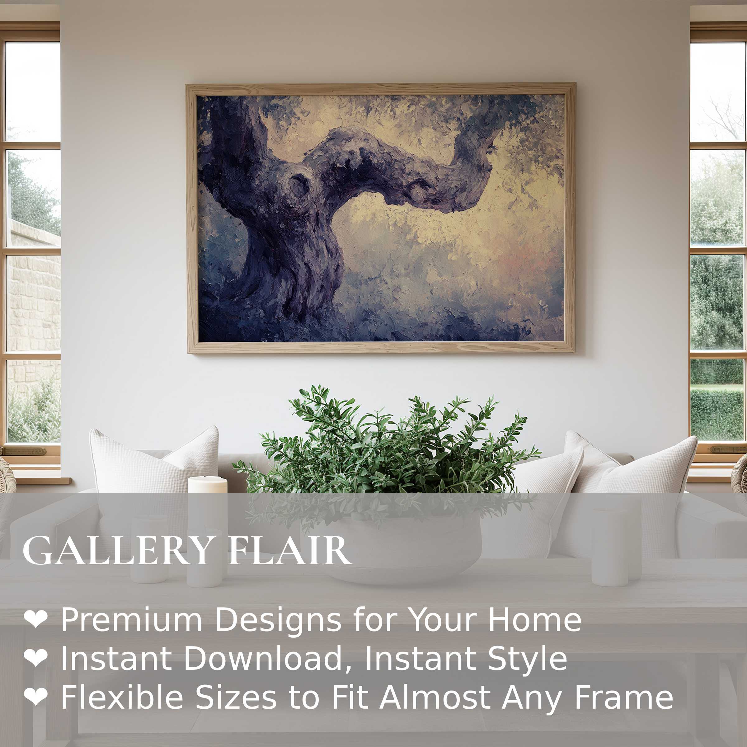 Elegant tree wall art print with textured brushstrokes, evoking calm and depth in a modern minimalist living room