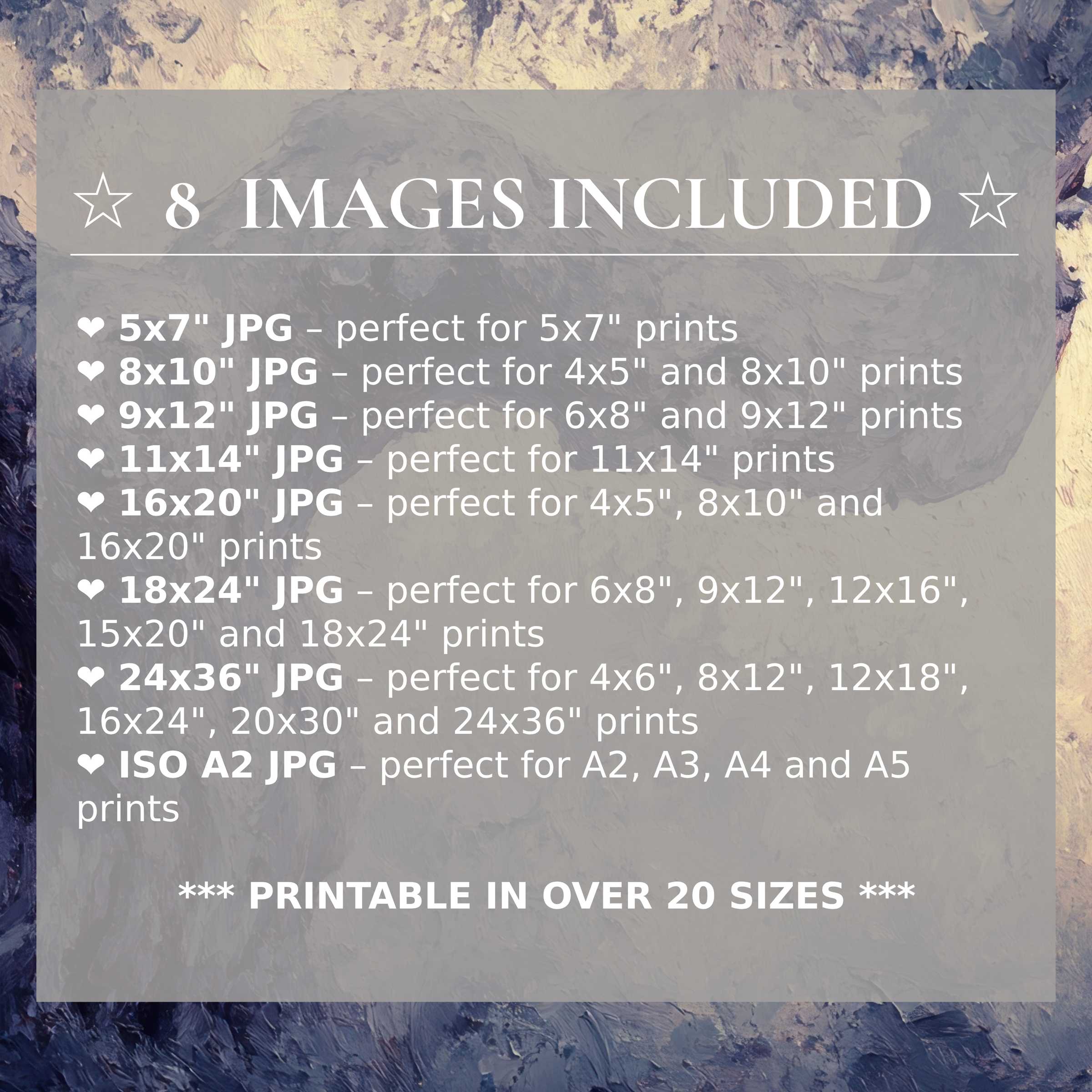 Print size guide showing 8 included JPG formats for versatile wall art printing – perfect for framing in popular sizes from 5x7 to 24x36 and A2