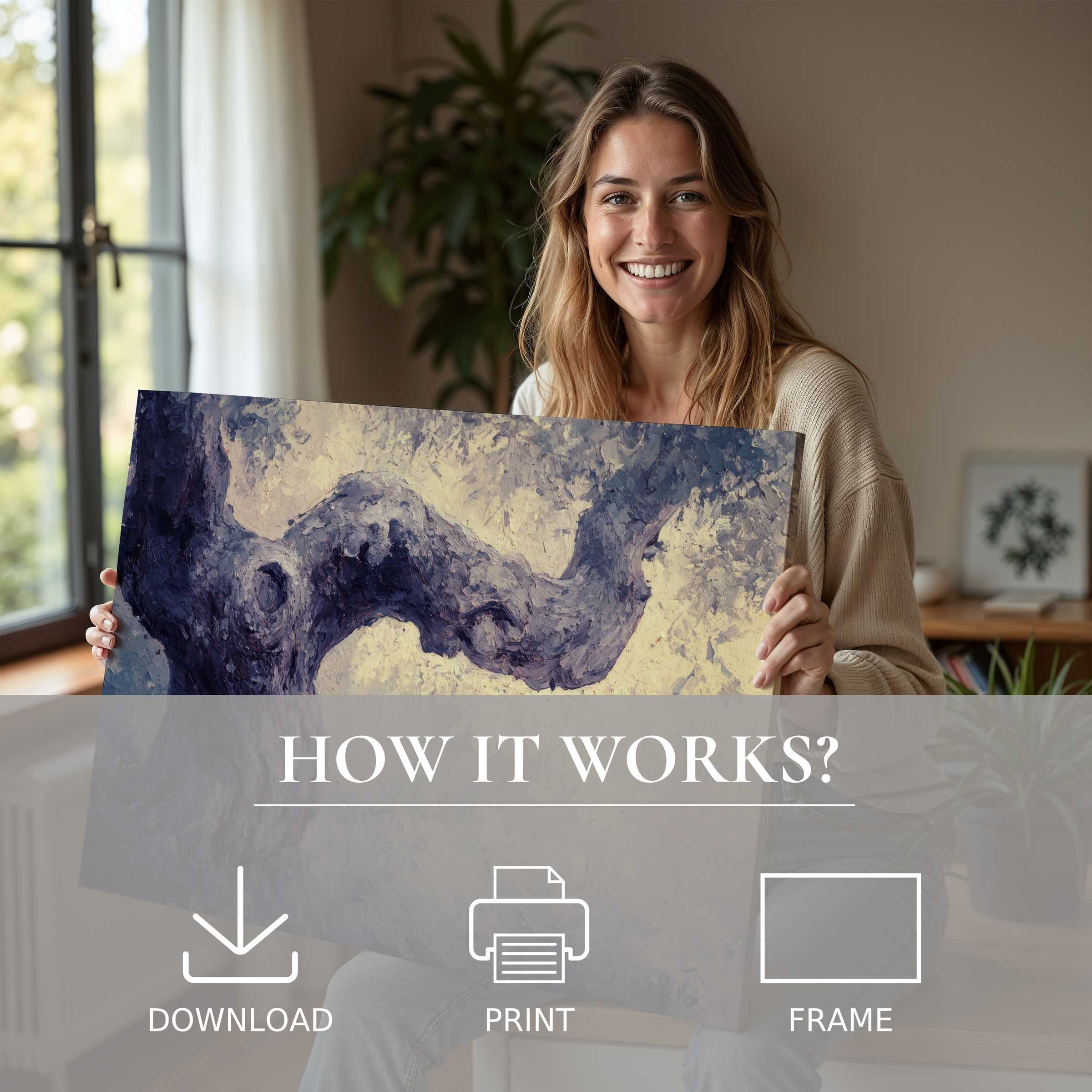 A joyful woman in a sunlit modern home embraces a textured tree digital art print, embodying serene connection and effortless elegance