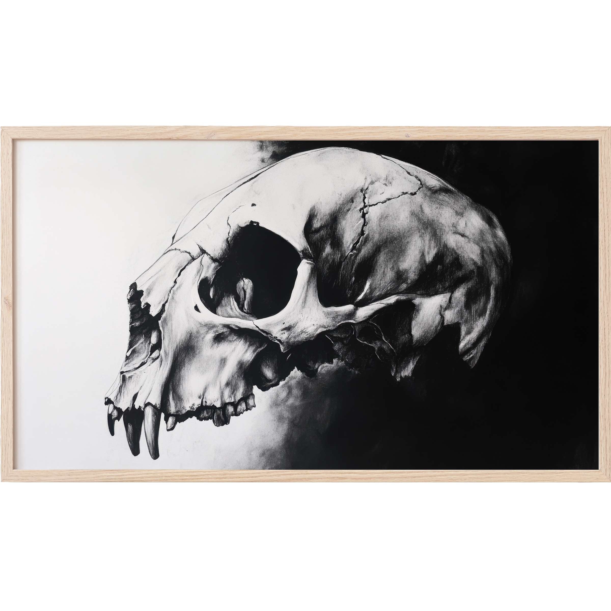 Striking black and white skull art with detailed shading in a natural wood frame, perfect black and white Frame TV Art