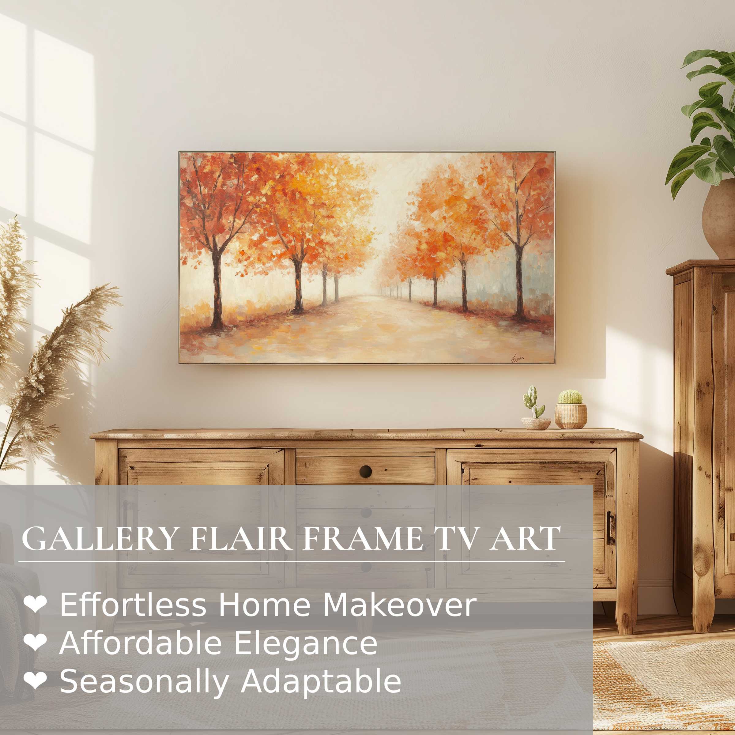 Modern fall digital artwork with vibrant orange trees on Samsung Frame TV in warm, elegant living room setting