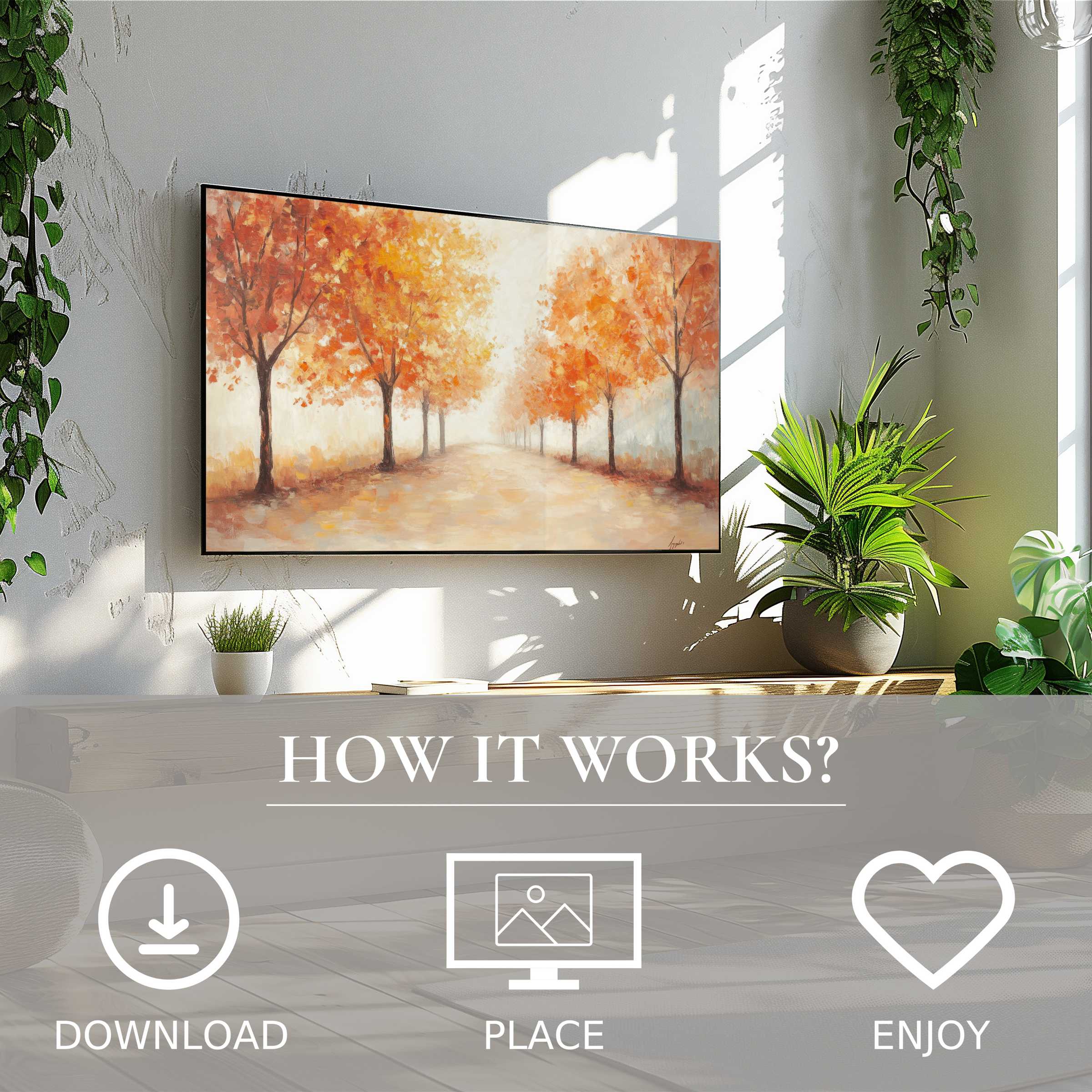 Fall art for Samsung TV shows warm autumn trees; easy digital download enriches modern living spaces with cozy vibes