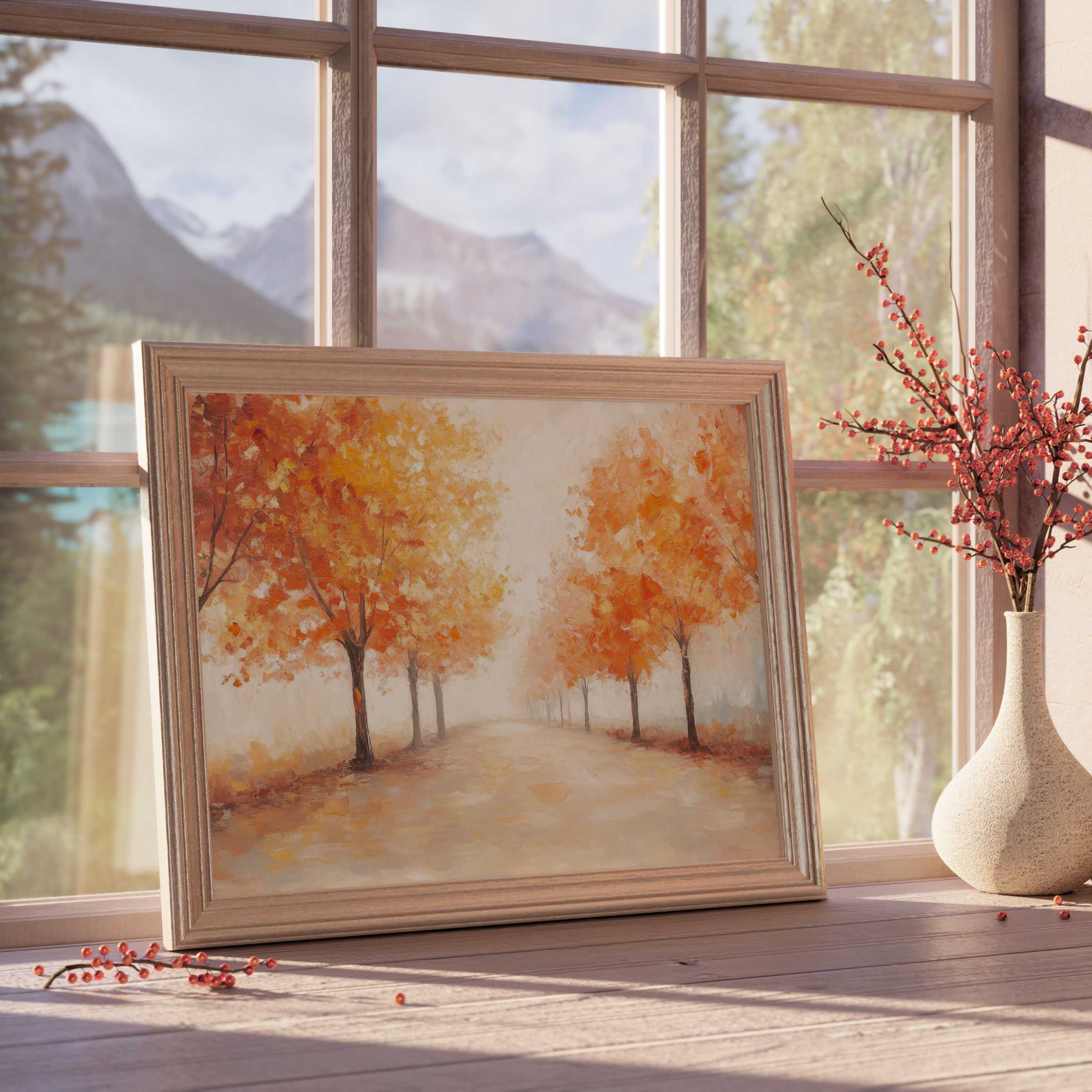 Fall downloadable art capturing a serene autumn path with vibrant orange trees, perfect for elegant, tranquil interiors