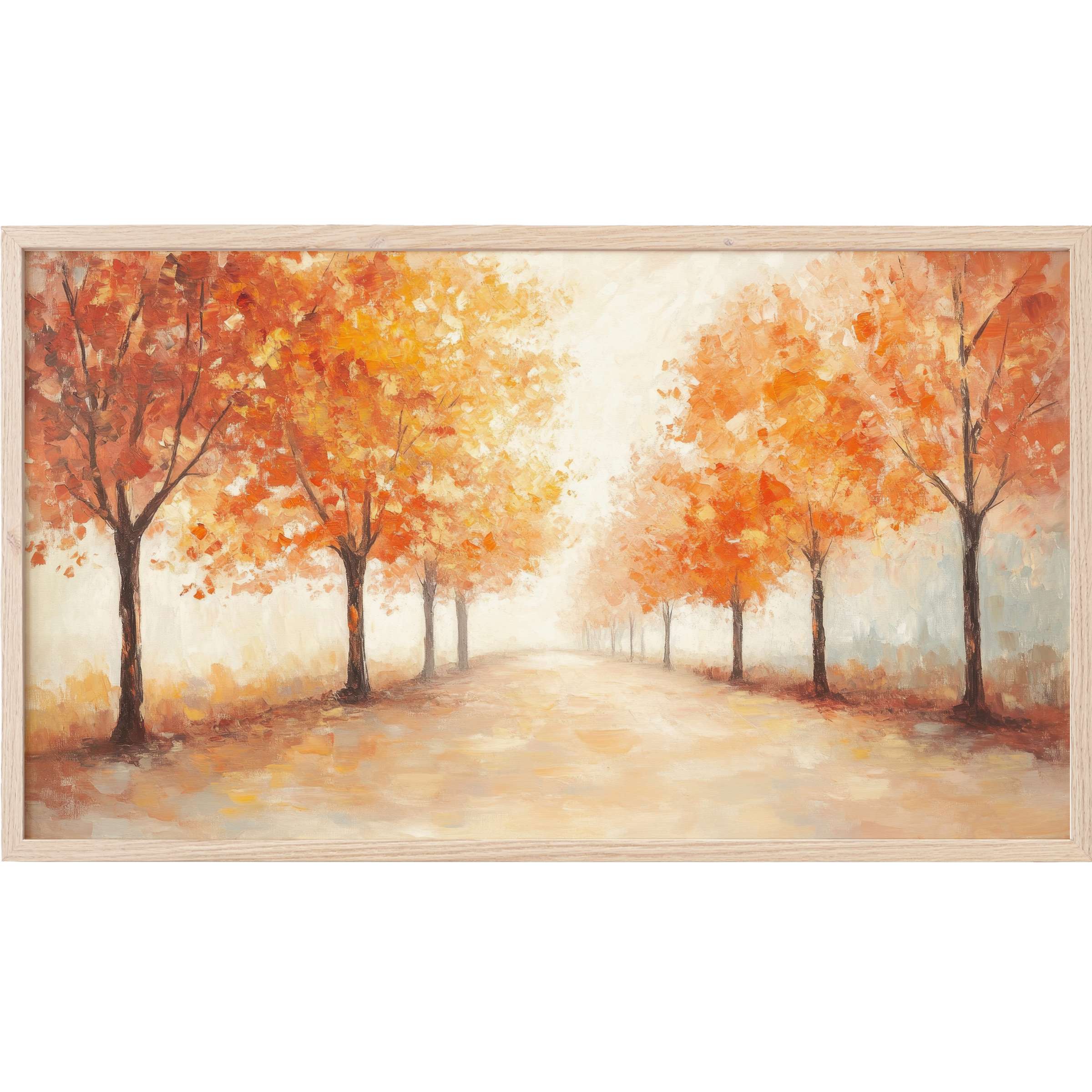 Fall Frame TV Art: serene autumn alley with vibrant orange and gold trees in soft, impressionistic brushstrokes