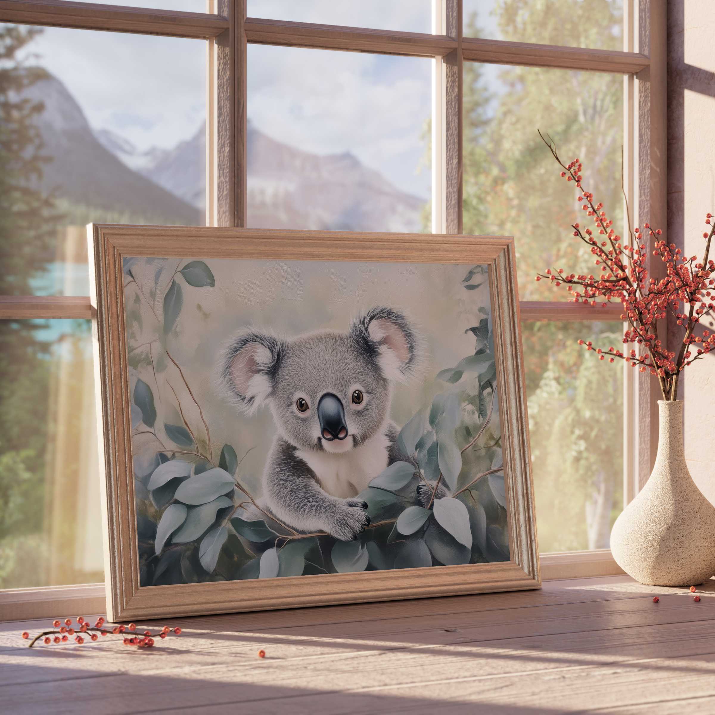 Nursery downloadable art featuring a serene koala in muted greens and soft neutrals, perfect for calm, stylish children’s rooms