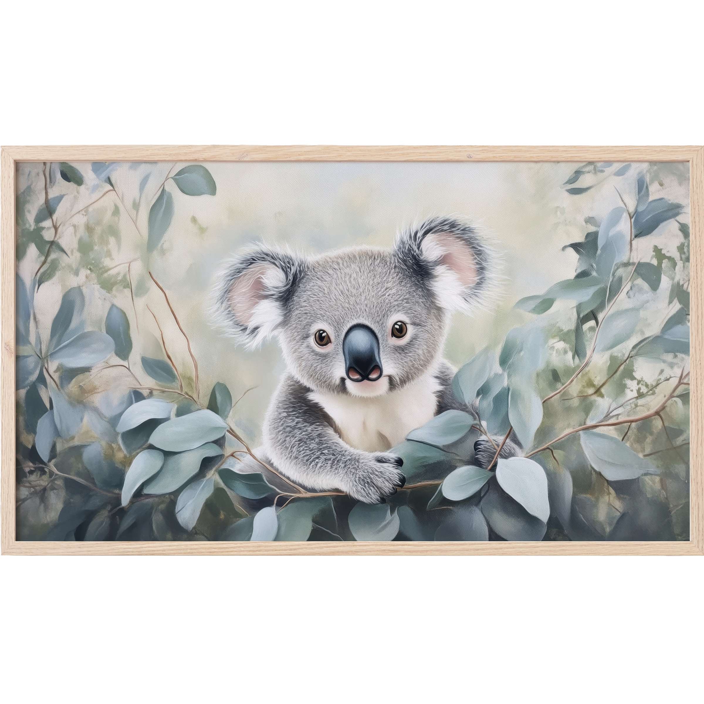 Nursery Frame TV Art featuring a soft, detailed koala in muted greens and grays, perfect for modern nurseries