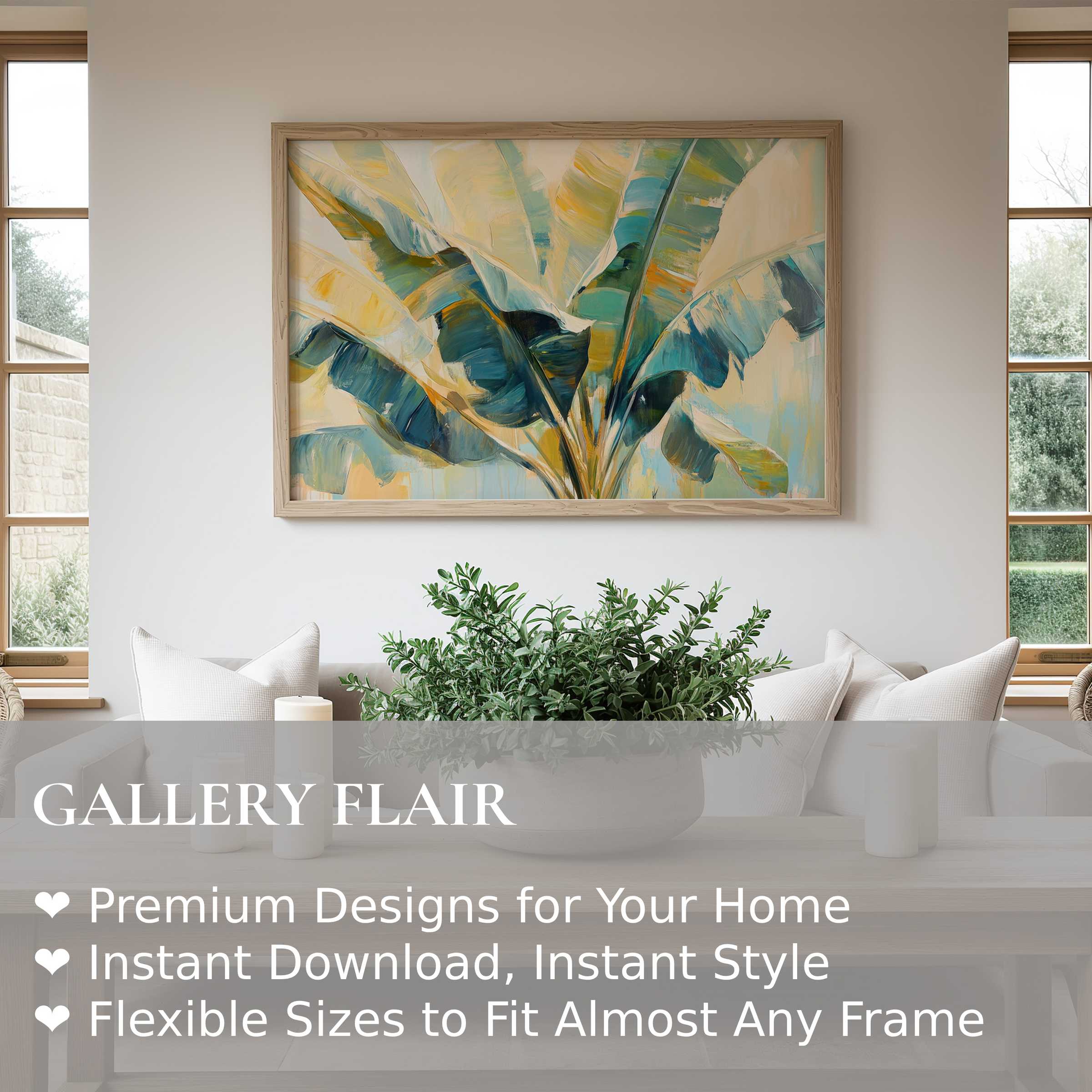 Botanical wall art print showcasing radiant banana leaves in soft blues and yellows, enhancing serene modern minimalist interiors with natural elegance