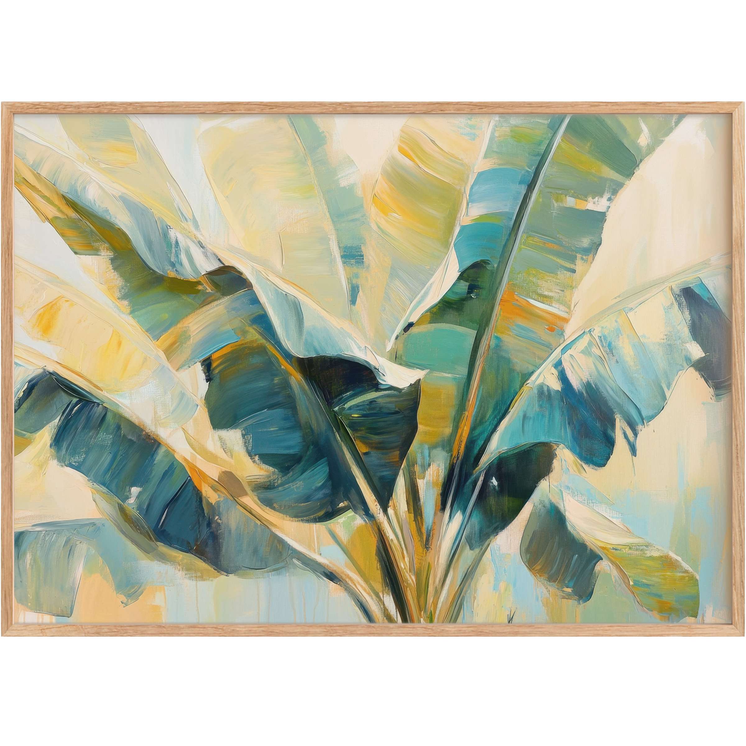 Botanical printable wall art blending soothing blues and warm golds, evoking a radiant, serene tropical sanctuary