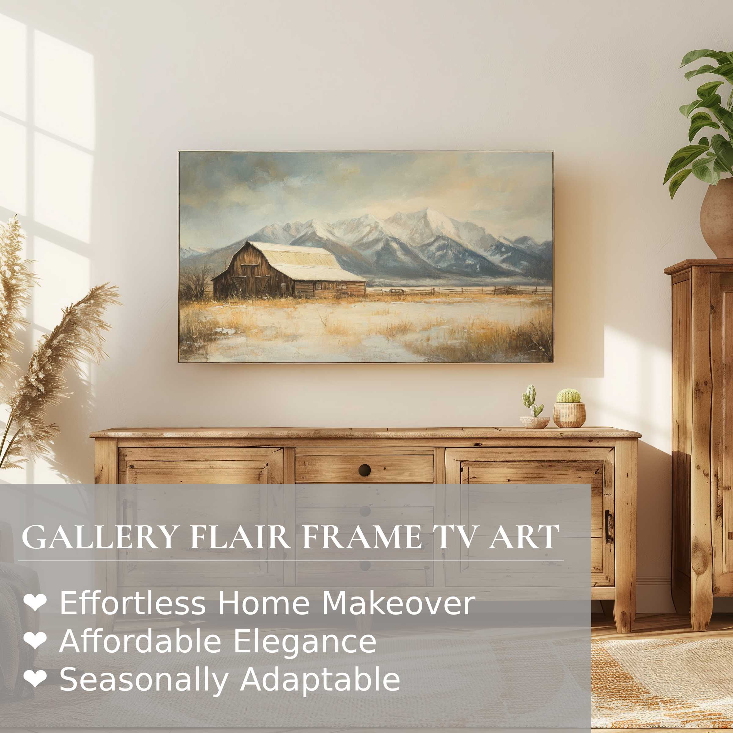 Samsung Frame TV showcasing farmhouse digital artwork of a serene rustic barn against snowy mountain backdrop in a modern home
