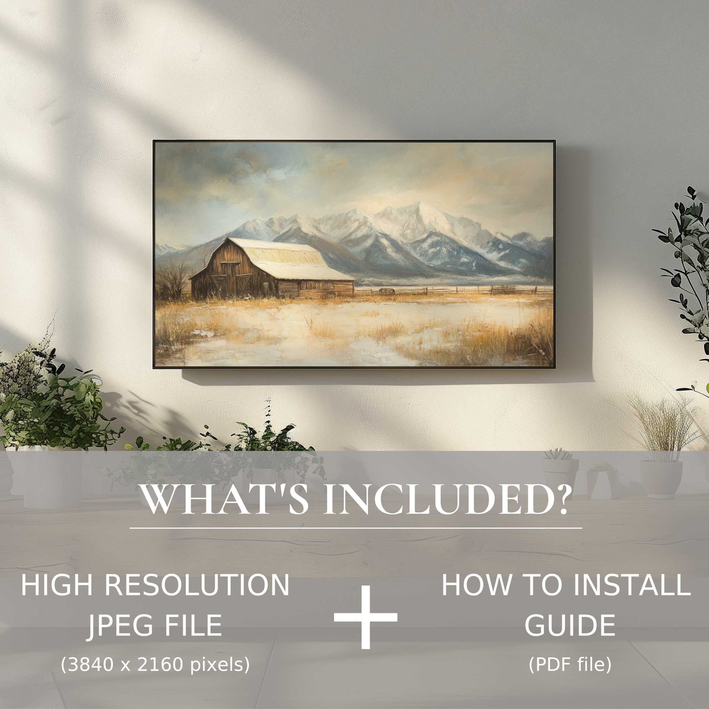 Farmhouse digital TV art download: easy digital use enhances living space with elegant rustic mountain landscape