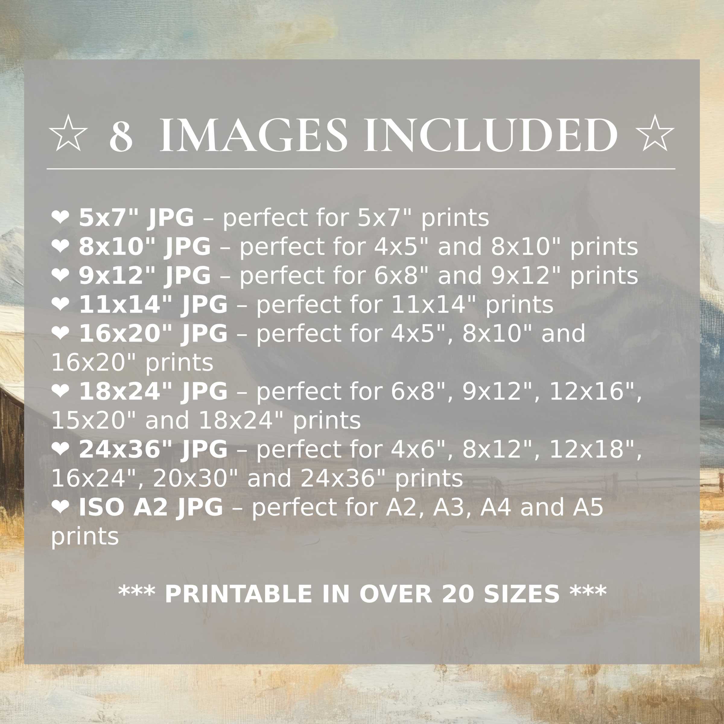 Farmhouse digital print in serene blues and warm earth tones, radiating calm sophistication; includes 8 luxury sizes for versatile modern styling