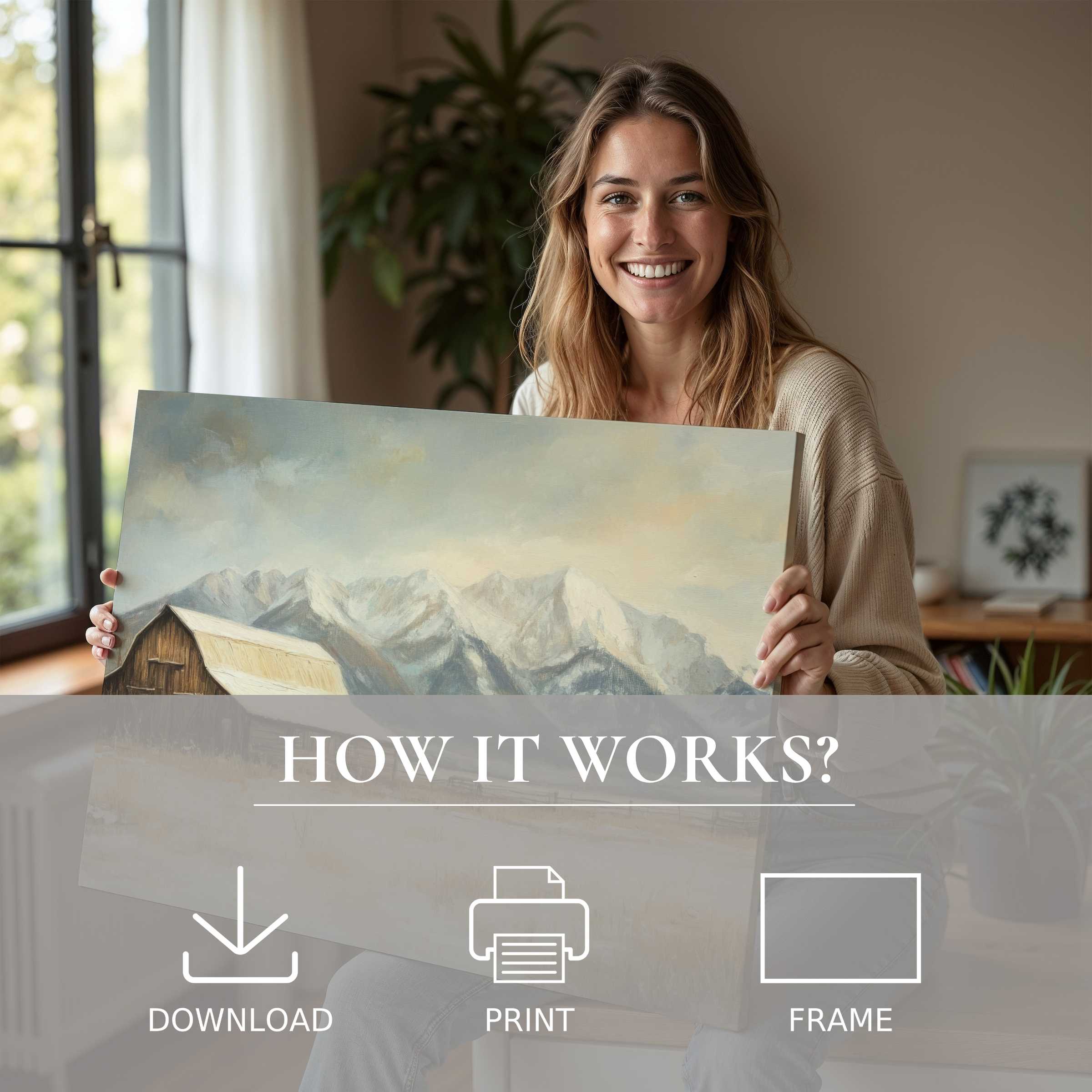 A radiant moment of joy as a farmhouse digital art print breathes warmth and timeless beauty into a sleek modern home