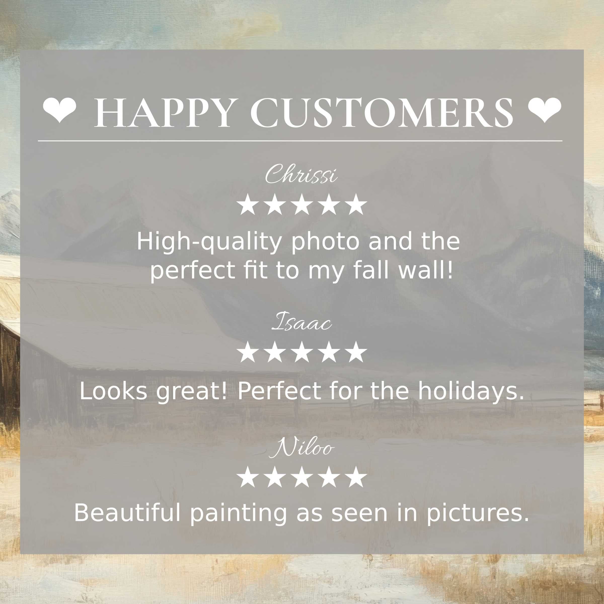 Farmhouse art for Frame TV with abstract sunset colors, showcasing happy customer reviews and elegant trust