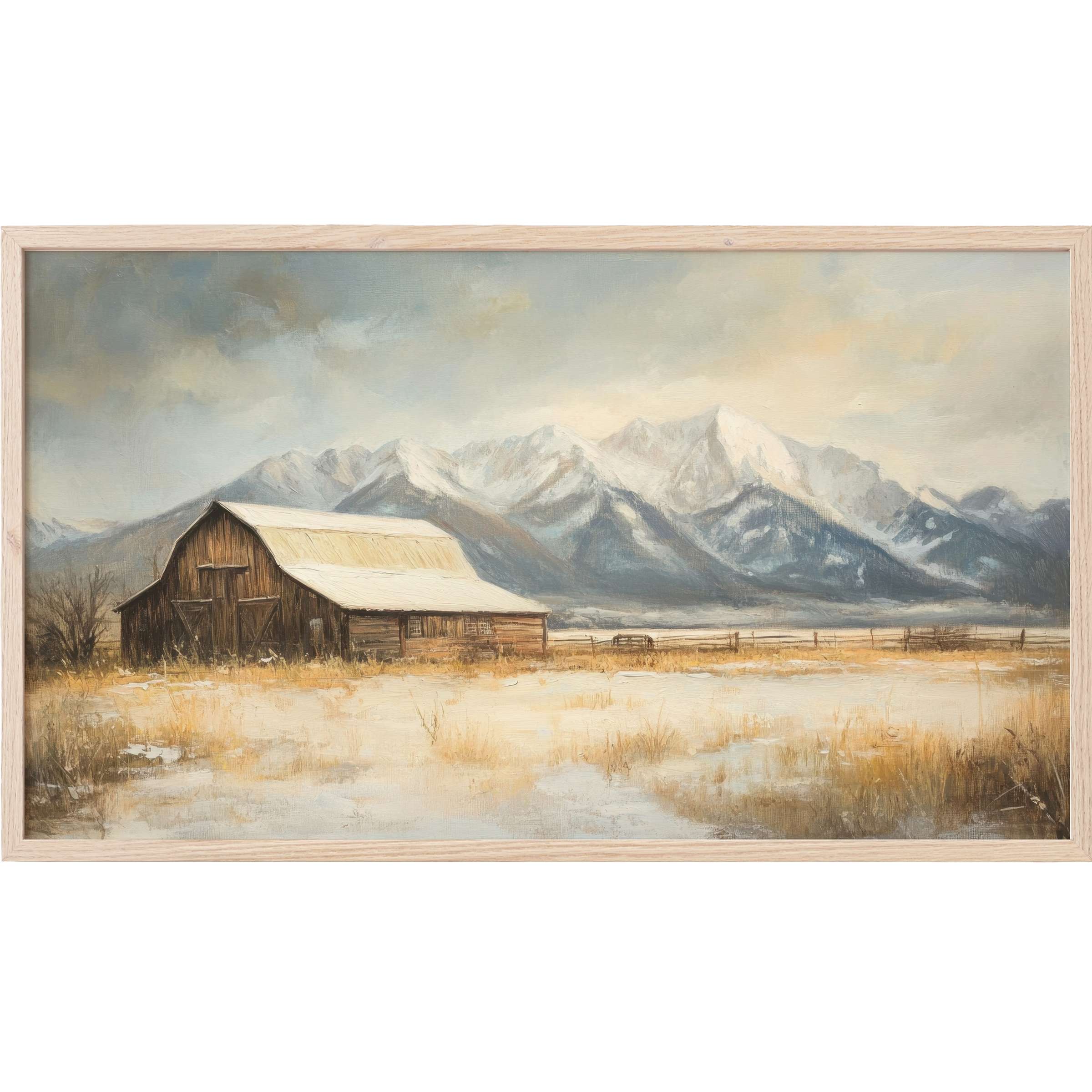 Farmhouse Frame TV Art depicts a rustic barn with muted earth tones and soft snowy mountains in a serene landscape