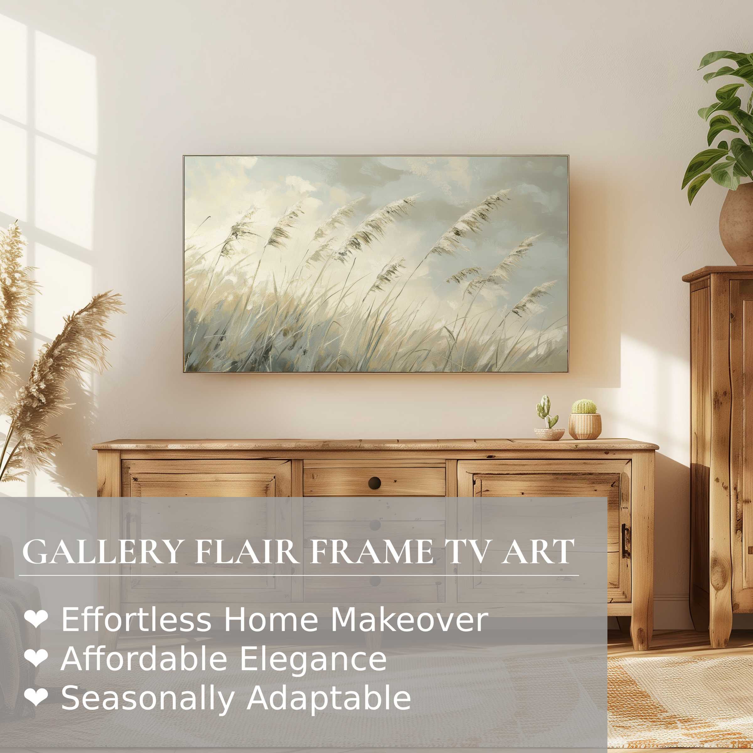 Samsung Frame TV displays serene beach digital artwork in soft, muted tones, perfect for elegant modern decor