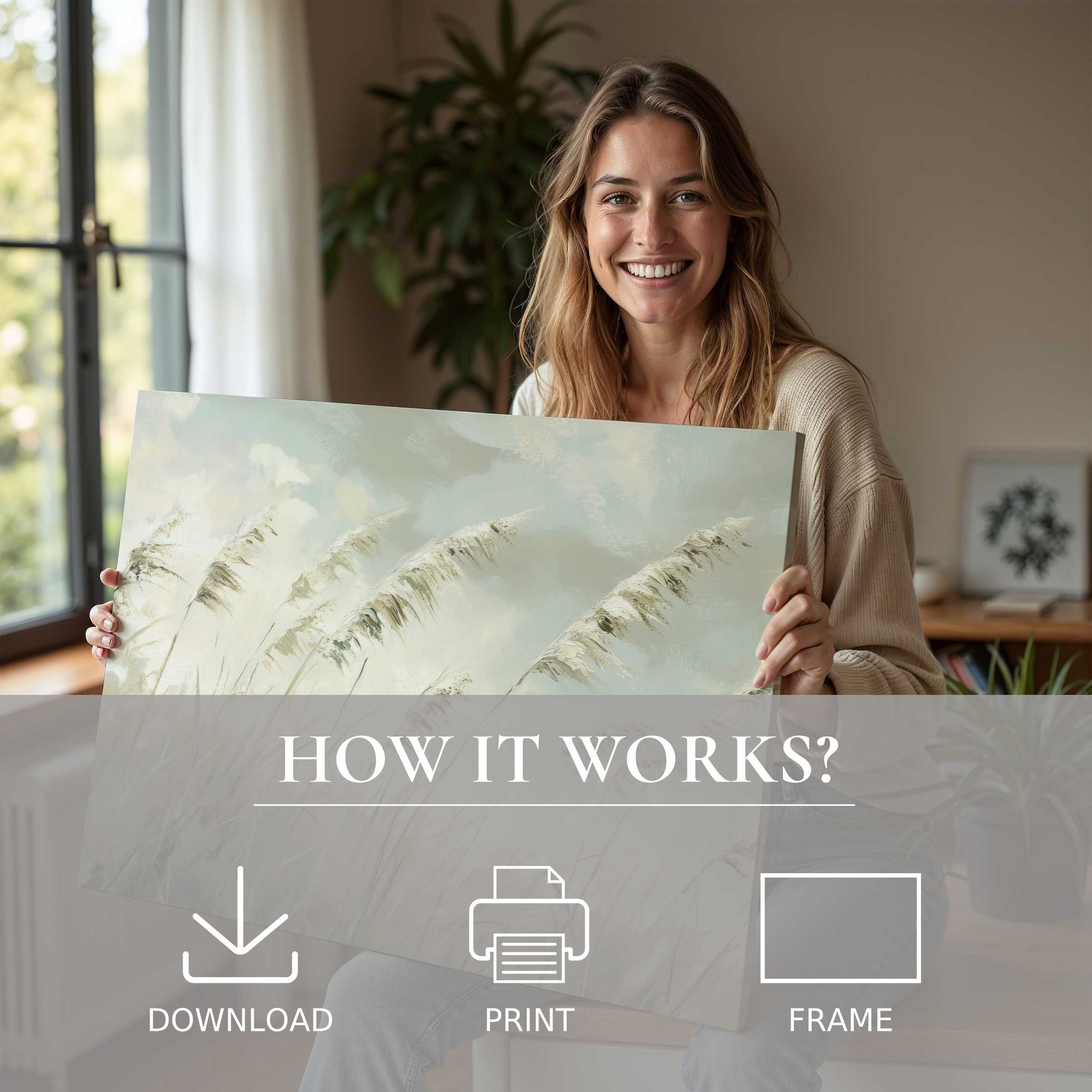 A joyful moment in a modern home where serene beach digital art print brings calm elegance, inspiring seamless living with art