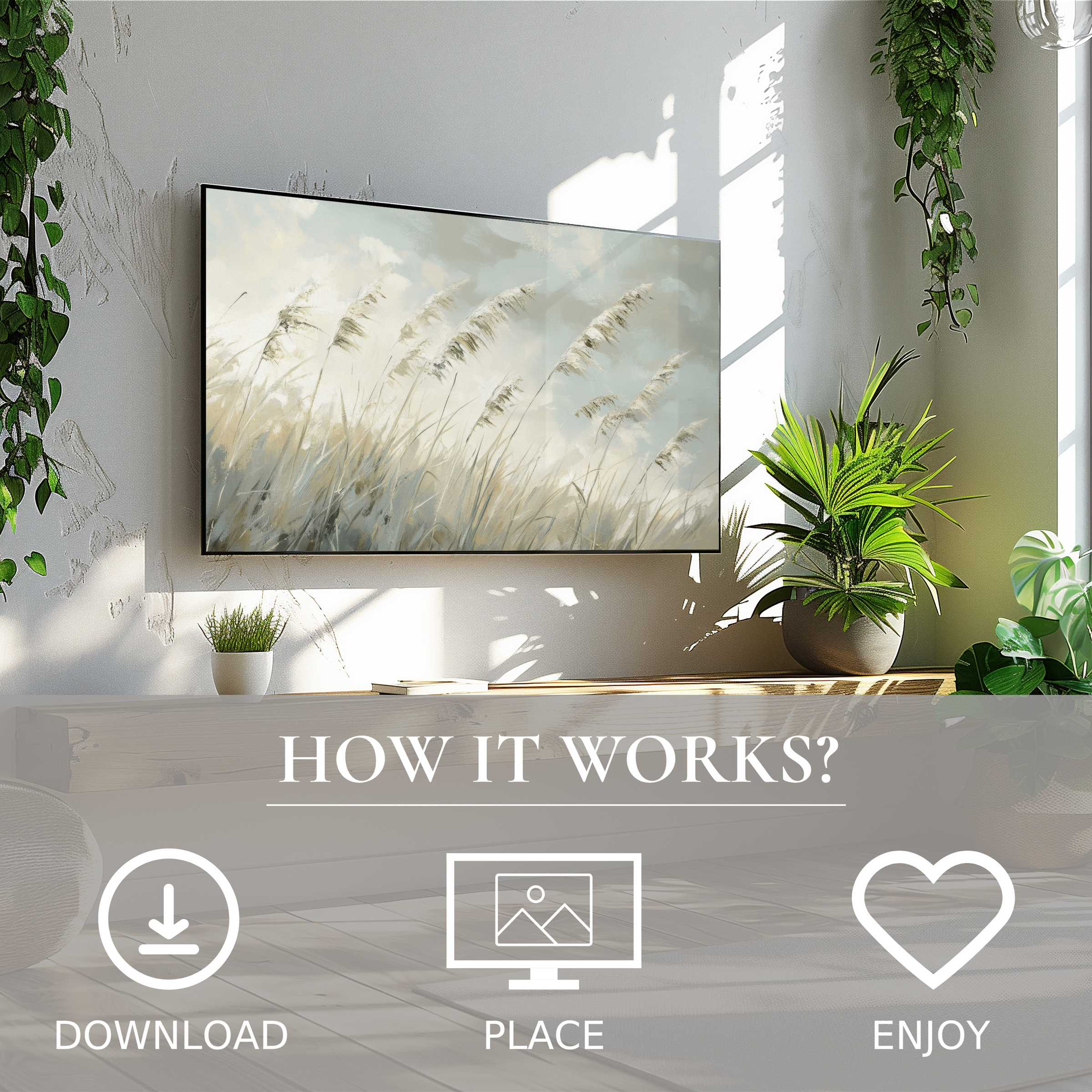 Minimalist living room with digital beach art for Samsung TV in soft, airy tones, easy download enriches space