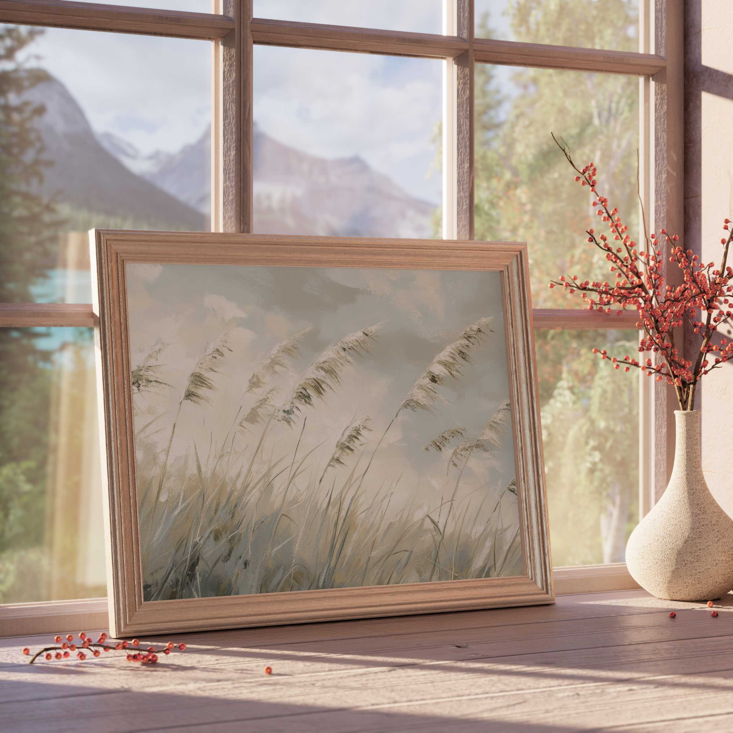 Tranquil beach downloadable art featuring soft sea oats swaying in golden light, perfect for curated, serene interiors