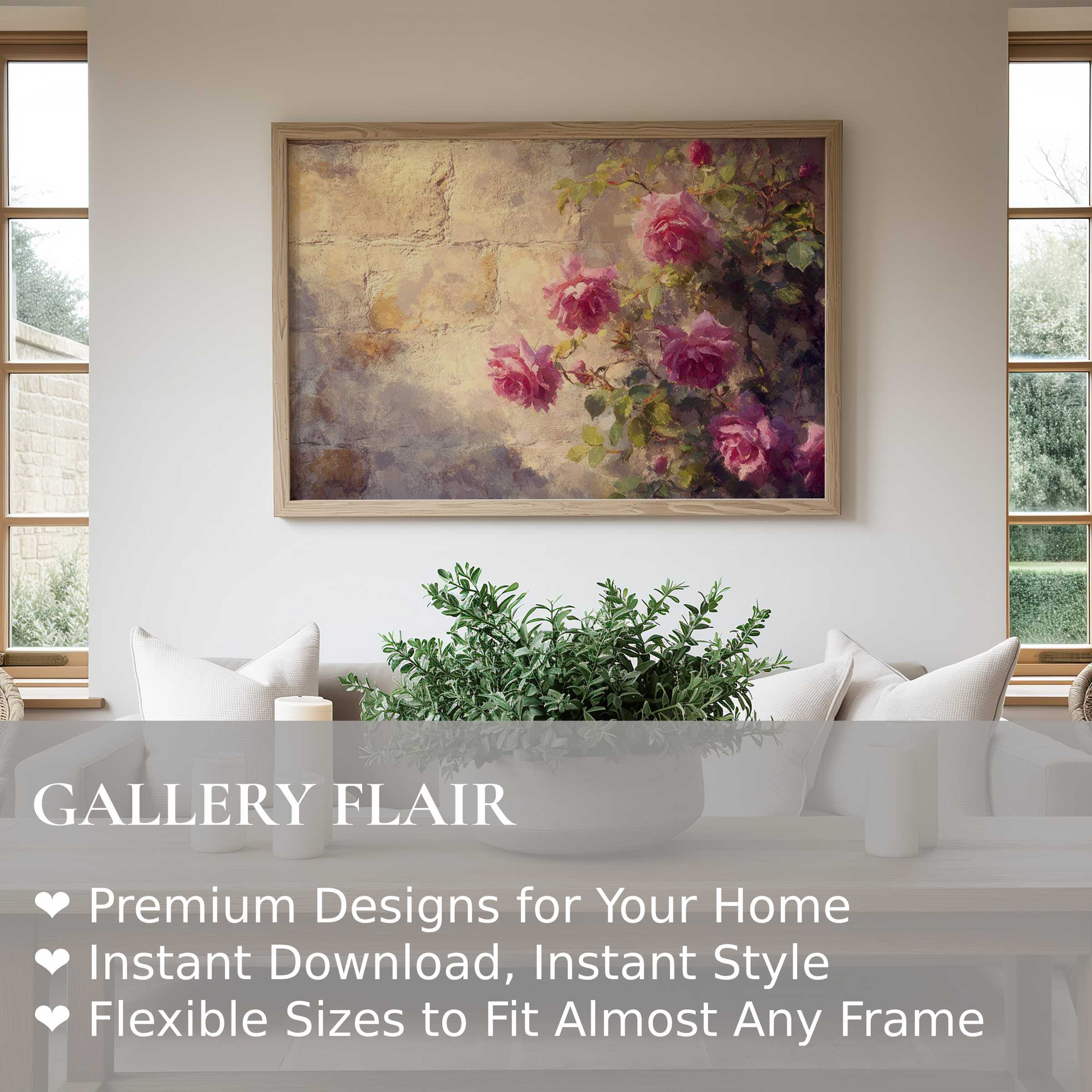 Vintage wall art print of blooming pink roses with textured stone backdrop, enriching serene modern farmhouse interiors with timeless elegance and soft charm