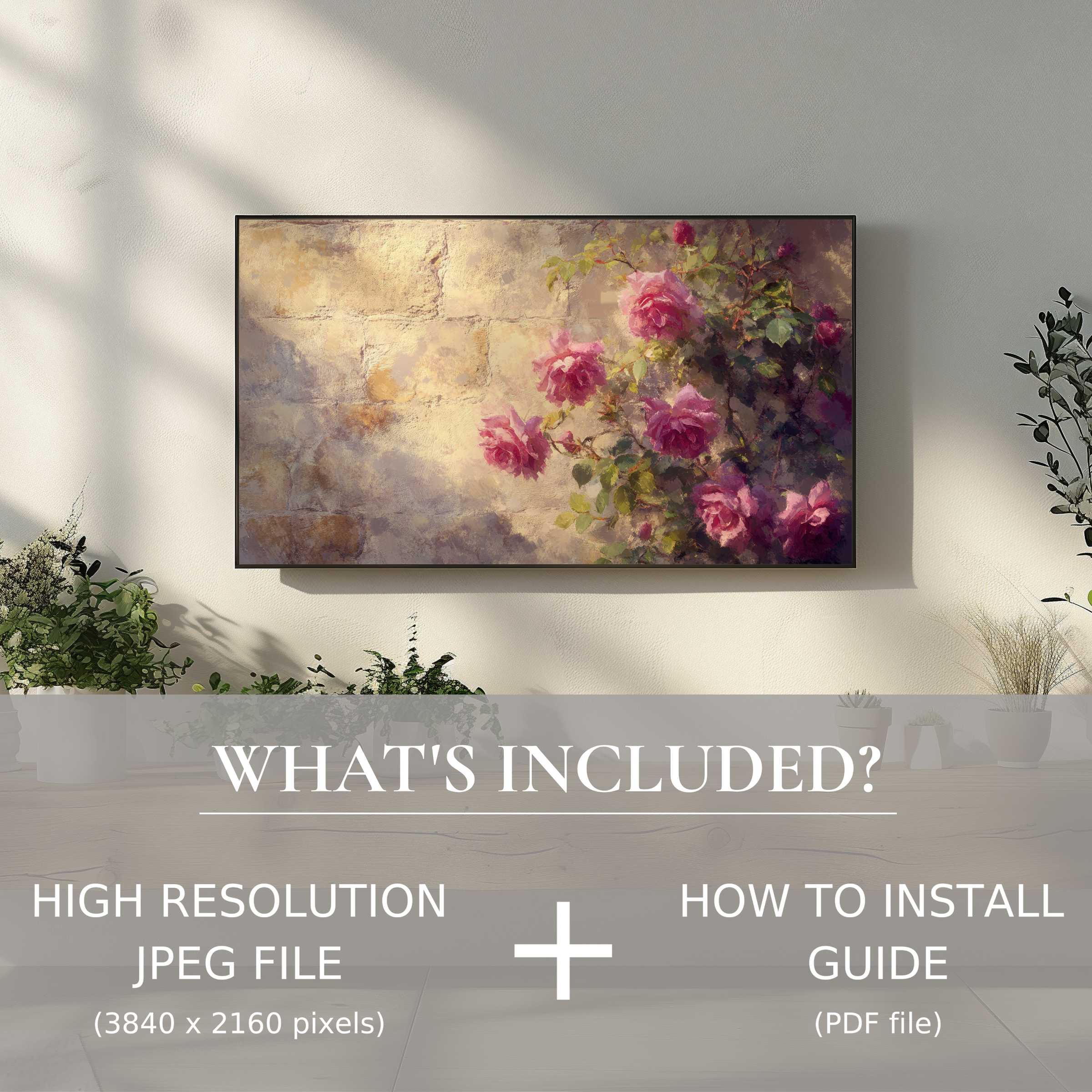 Elegant vintage digital TV art download with floral design, enhances living spaces with easy digital use and high-res file