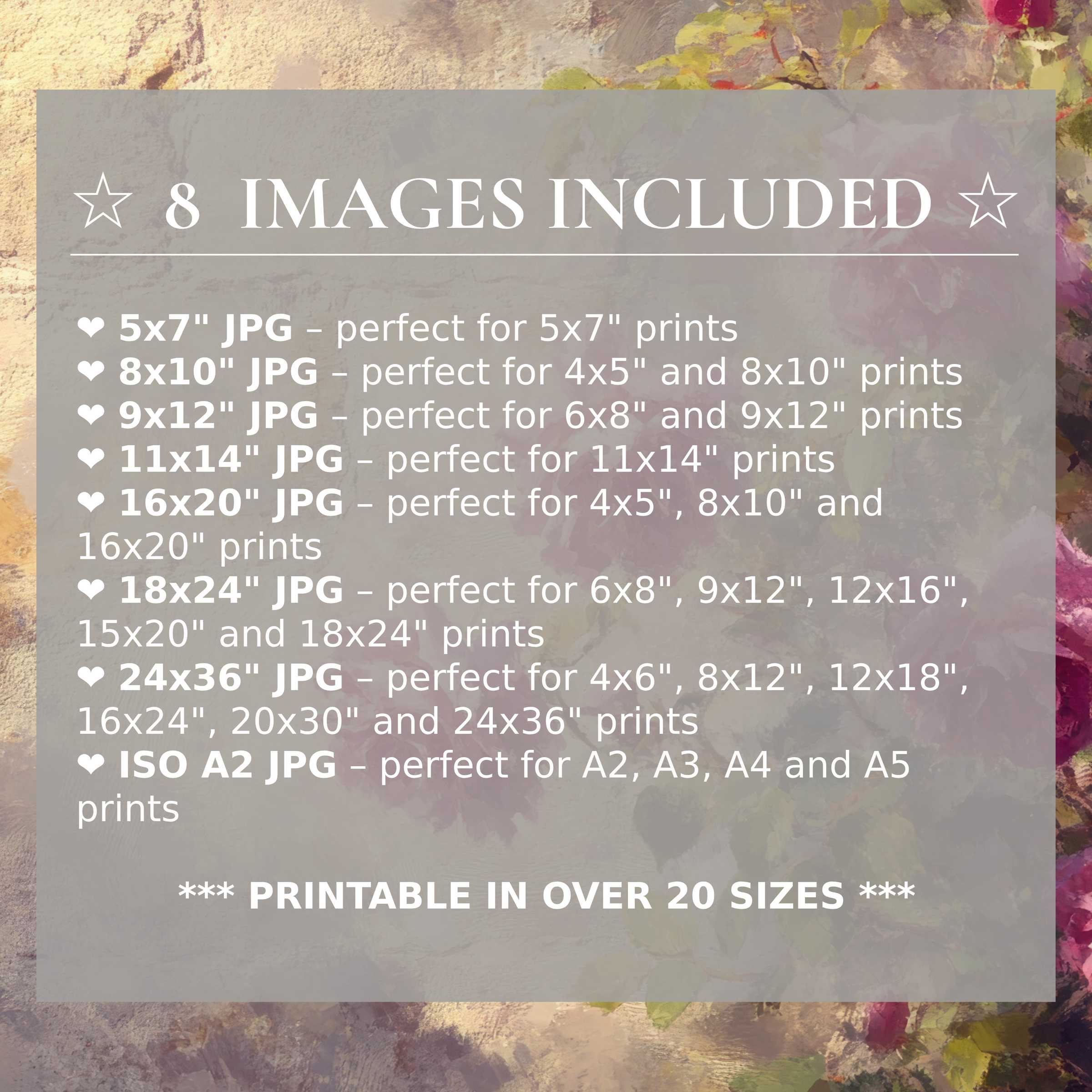 Vintage digital print radiates soft mauve and muted green tones, elevating modern interiors with timeless elegance and 8 included sizes