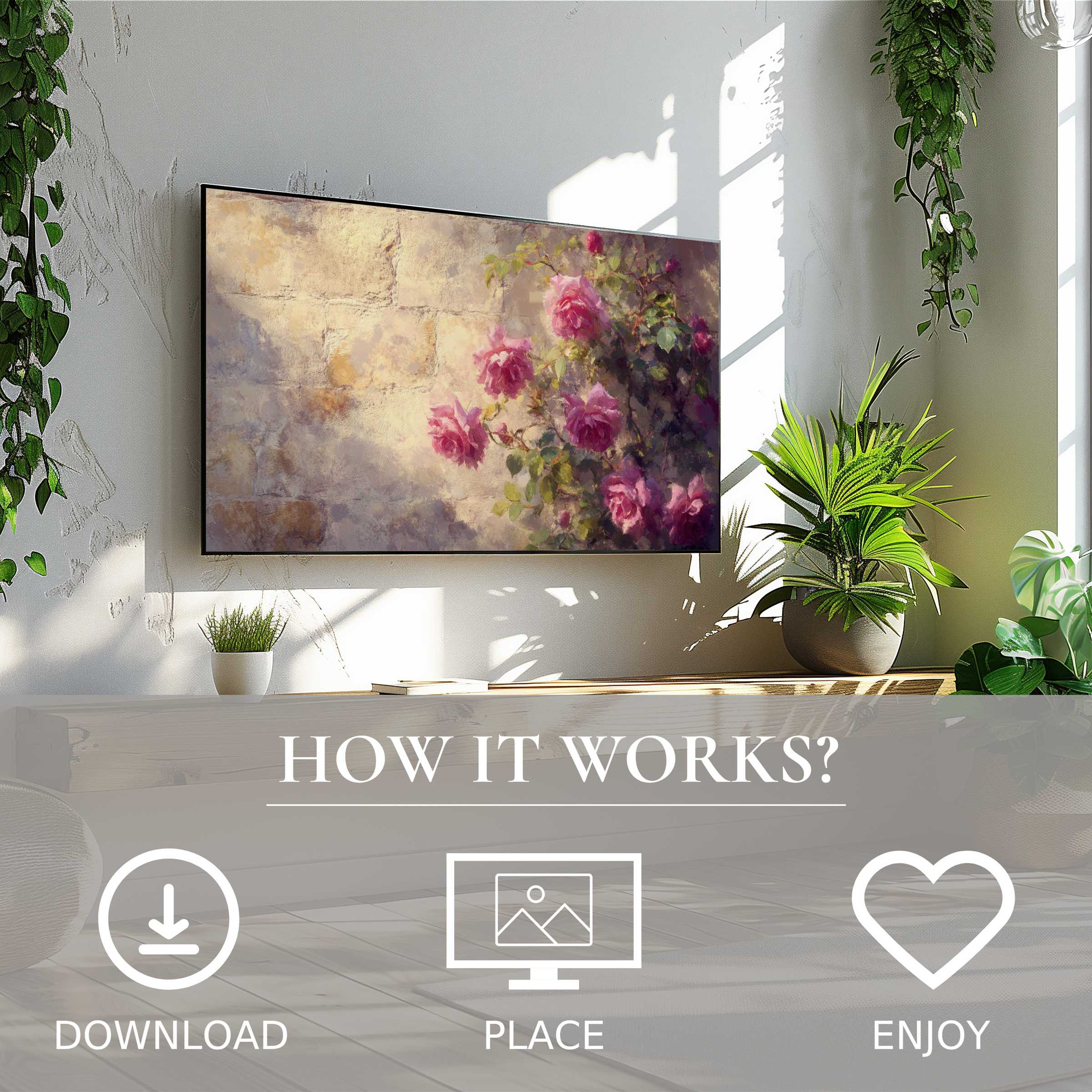 Vintage art for Samsung TV with soft rose tones, easy digital download, enriching modern living spaces with charm