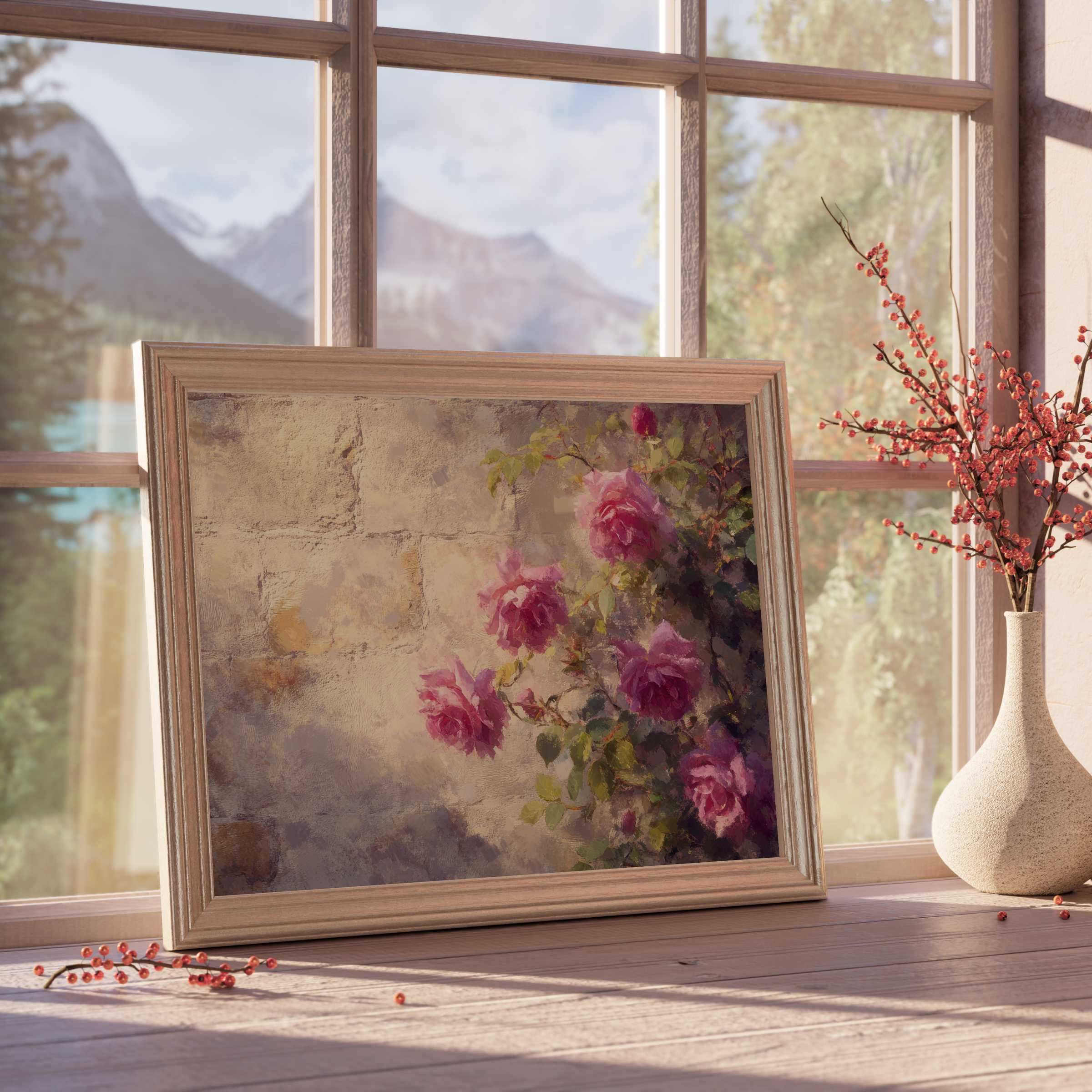 Vintage downloadable art featuring romantic pink roses against a textured stone wall, evoking serene, timeless elegance in curated, tranquil home interiors