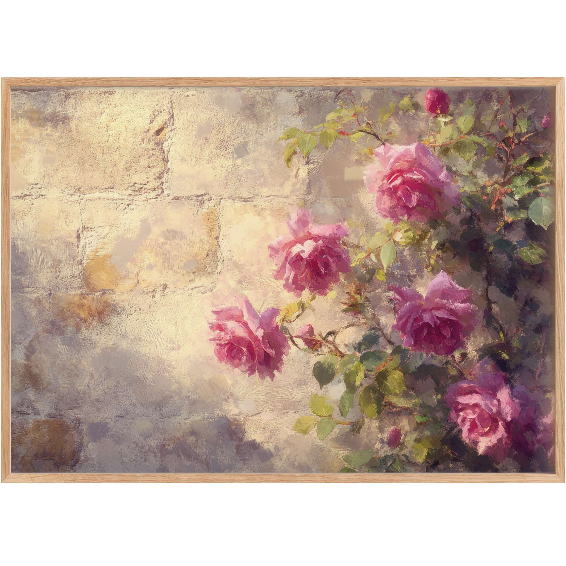 Vintage printable wall art featuring lush pink roses against a sunlit textured wall, evoking a serene, timeless elegance