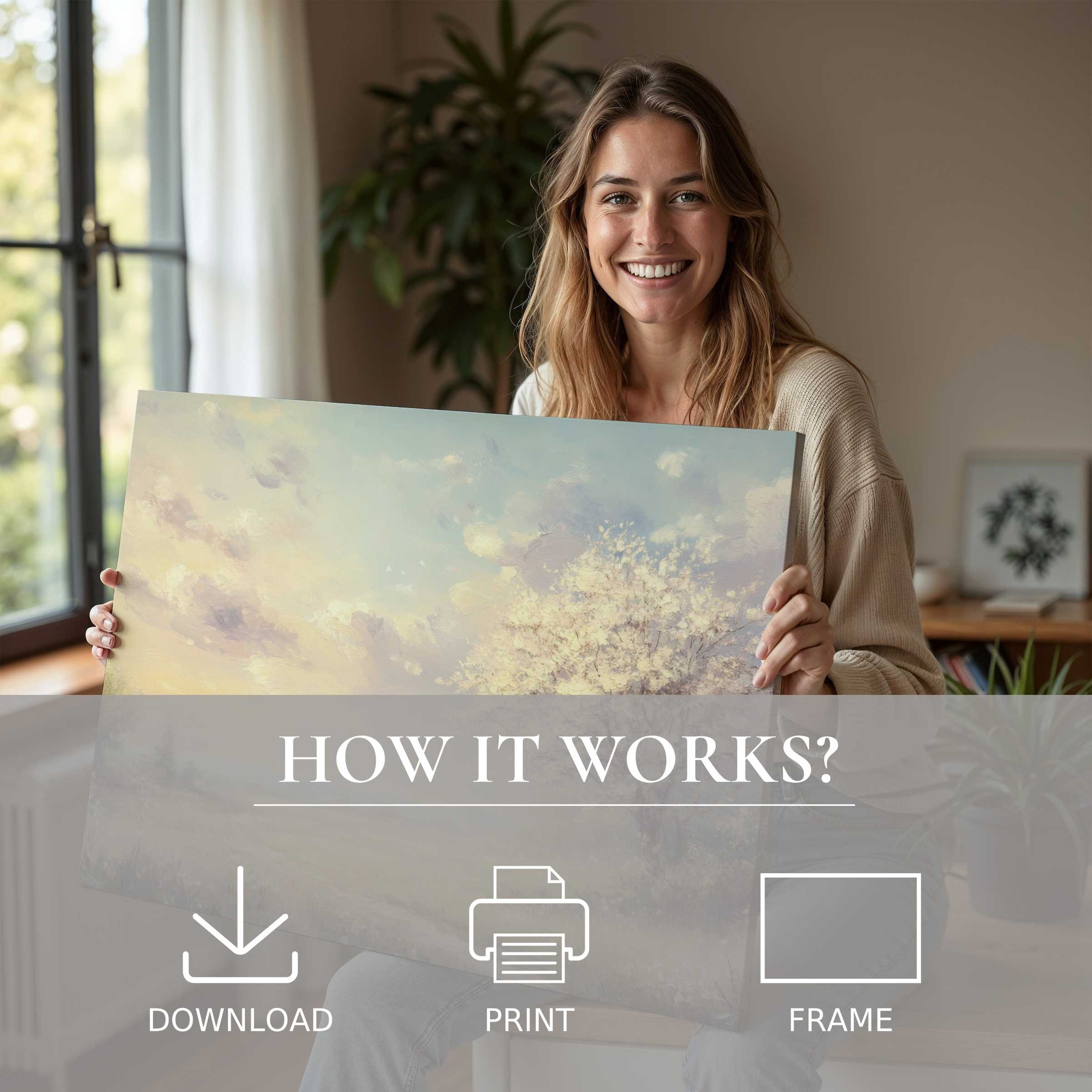 Radiant spring digital art print embraced in a sunlit modern home, inspiring joy and effortless elegance in living with art