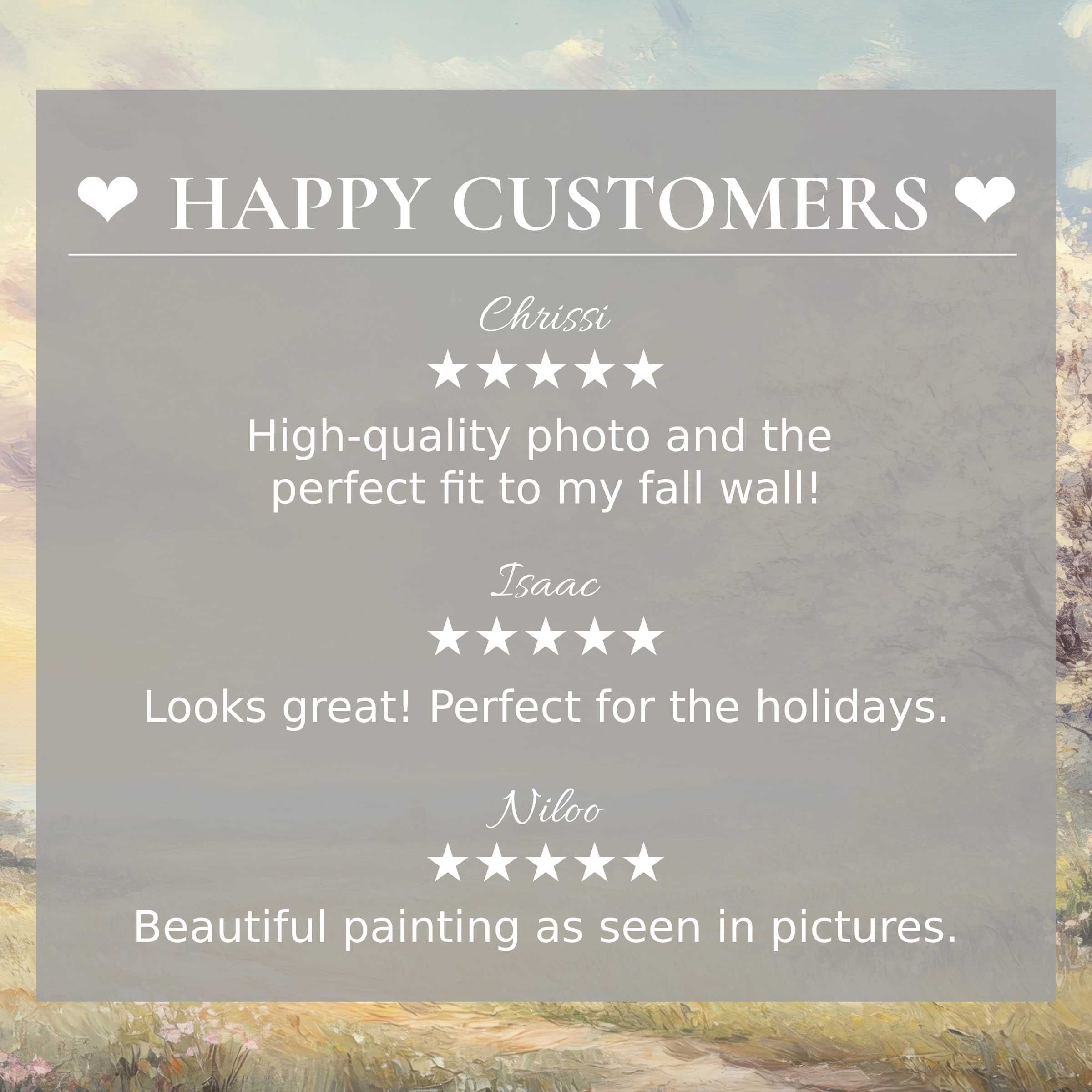 spring art for Frame TV with abstract sunset hues, showcasing happy customer reviews and elegant trust-building layout