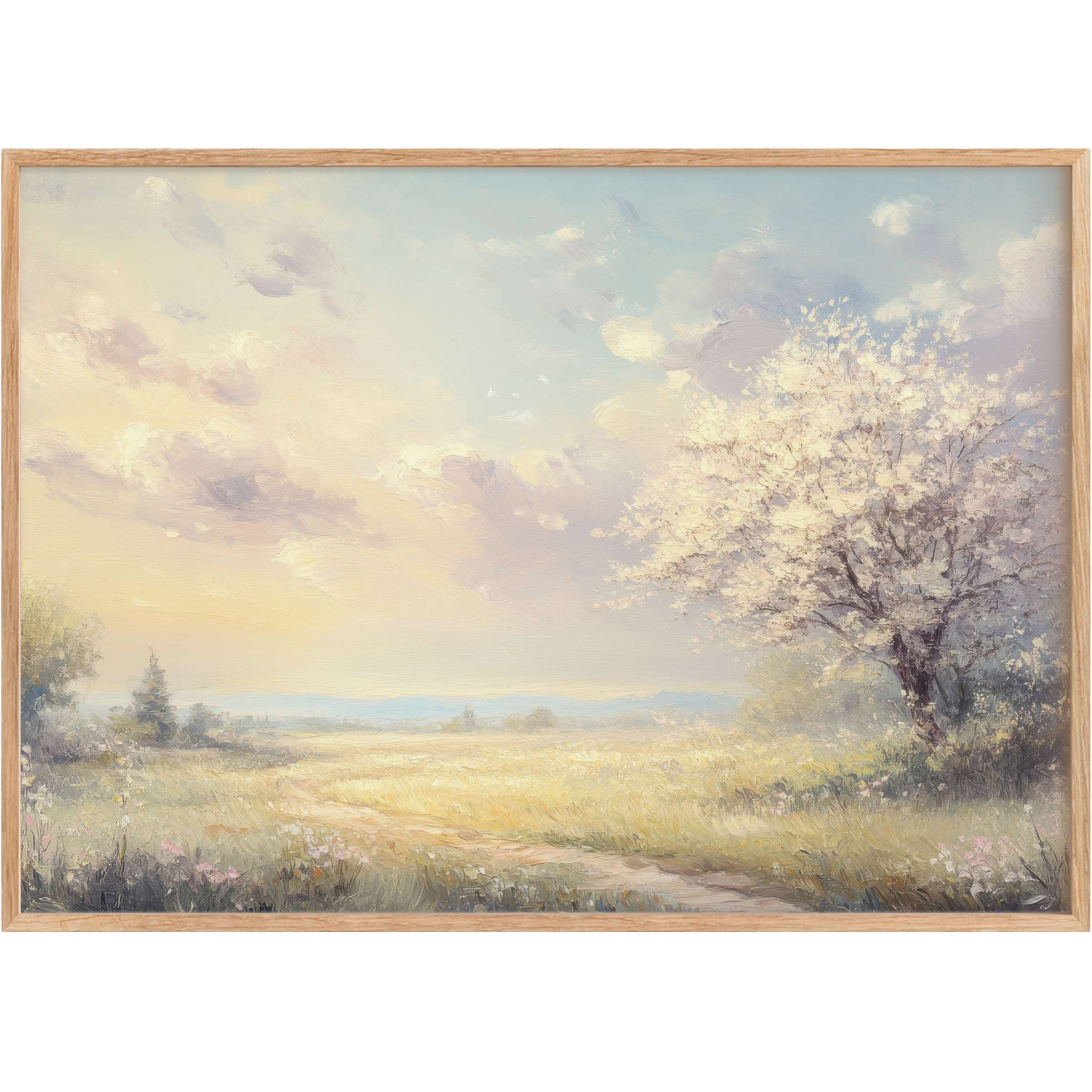 Spring printable wall art captures a radiant sunrise over a blooming cherry tree, infusing interiors with soft pastels and serene warmth