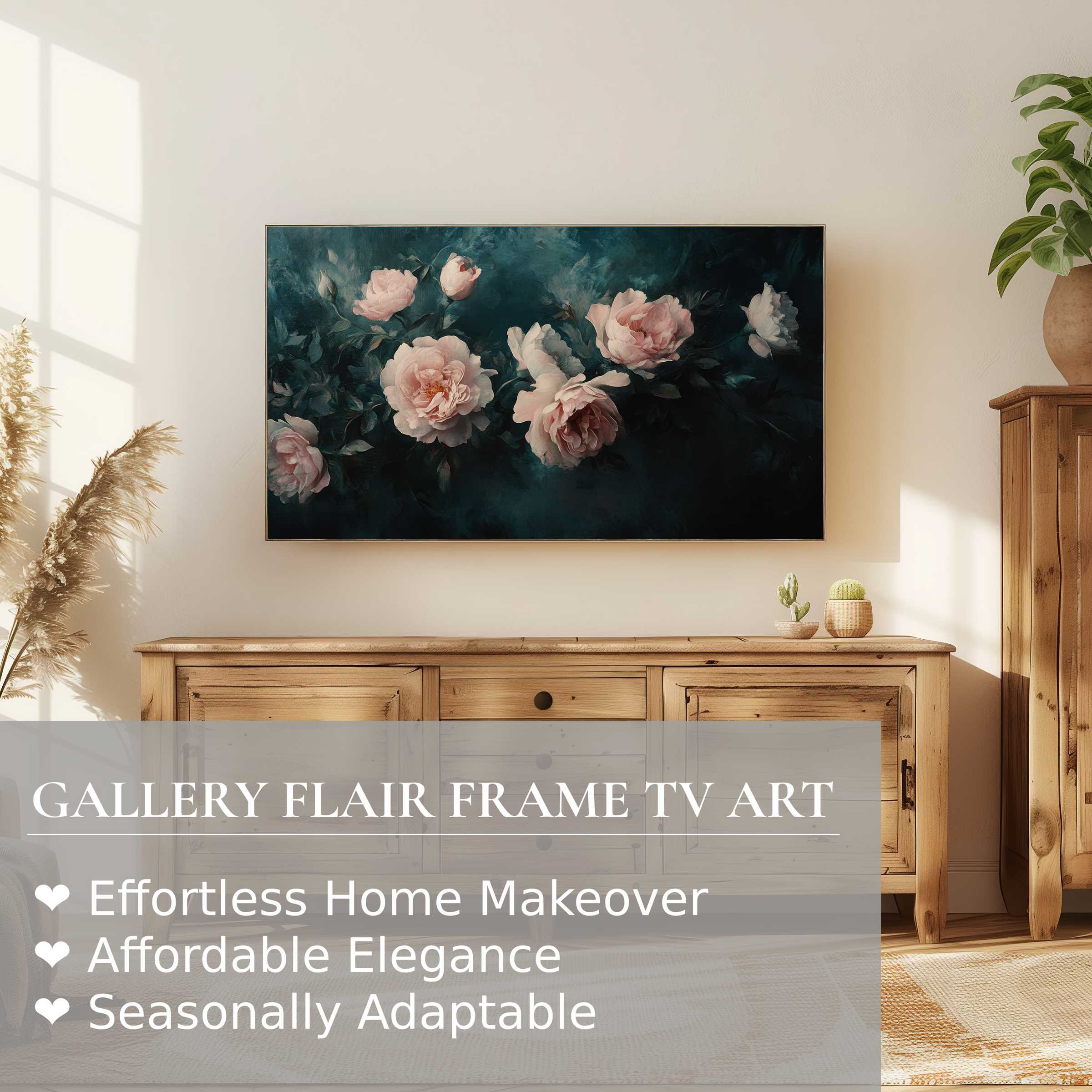 Samsung Frame TV displays elegant floral digital artwork in a modern, sunlit living room with warm wooden accents