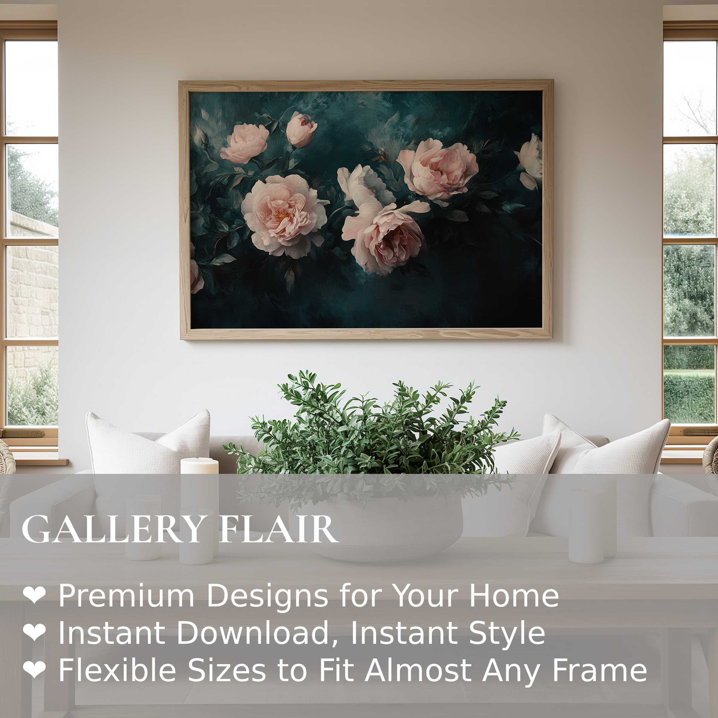 Floral wall art print featuring soft pink peonies on a deep teal background, adding a radiant, elegant touch to modern minimalist interiors