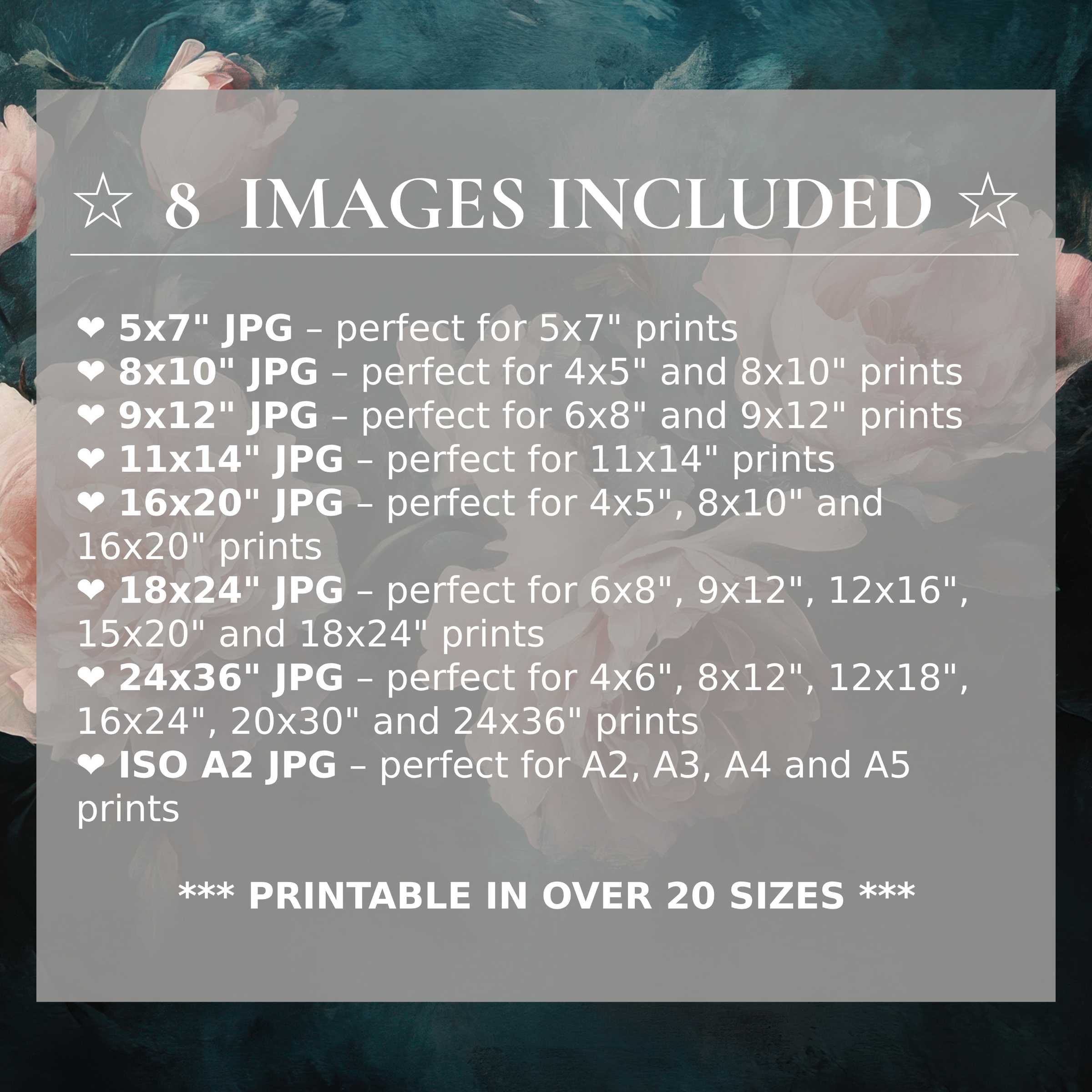 Floral digital print featuring radiant blush and deep teal hues, elevating modern interiors with 8 high-quality sizes included