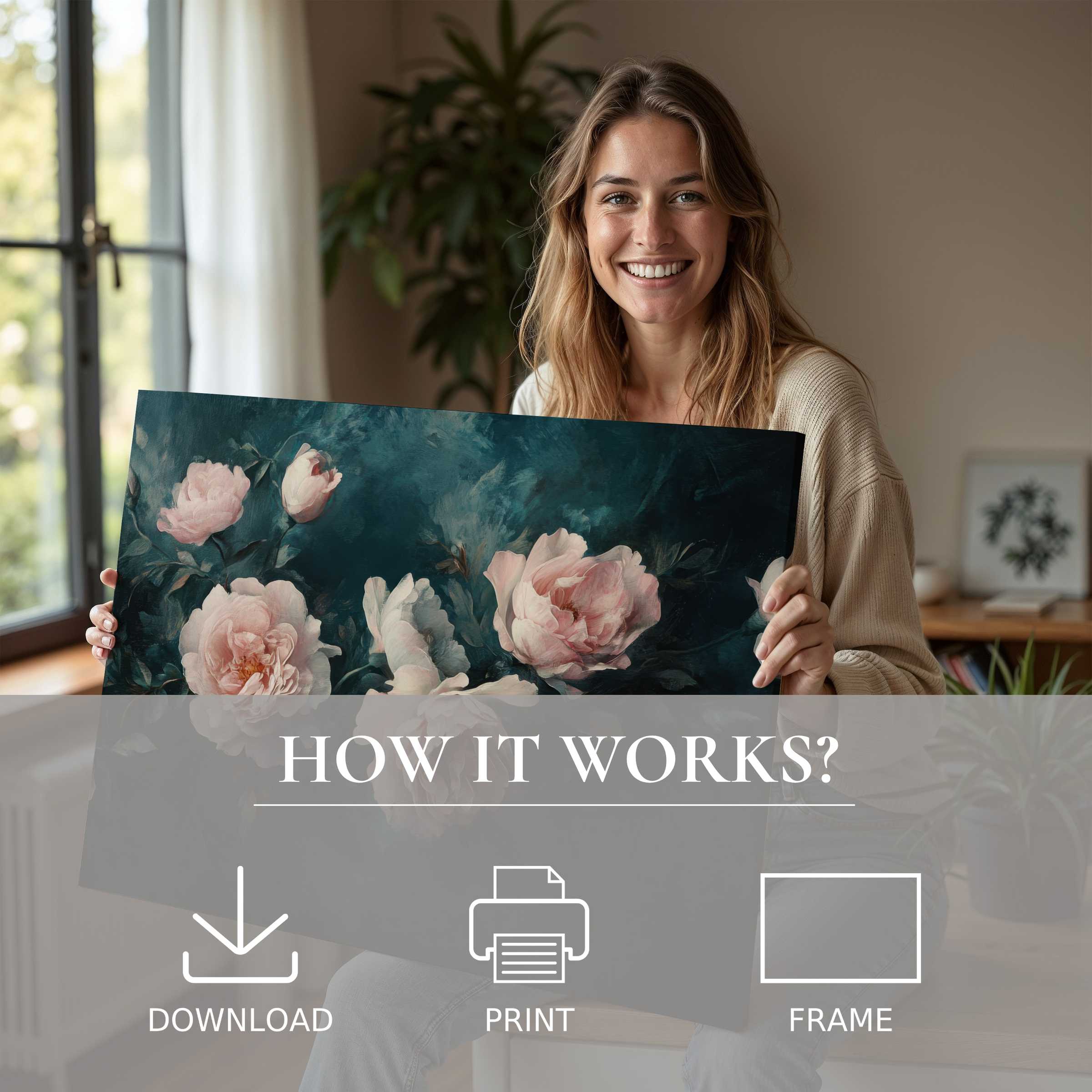 Woman’s radiant smile reflects joy and connection as she shares a floral digital art print with soft pink blooms, transforming modern living spaces
