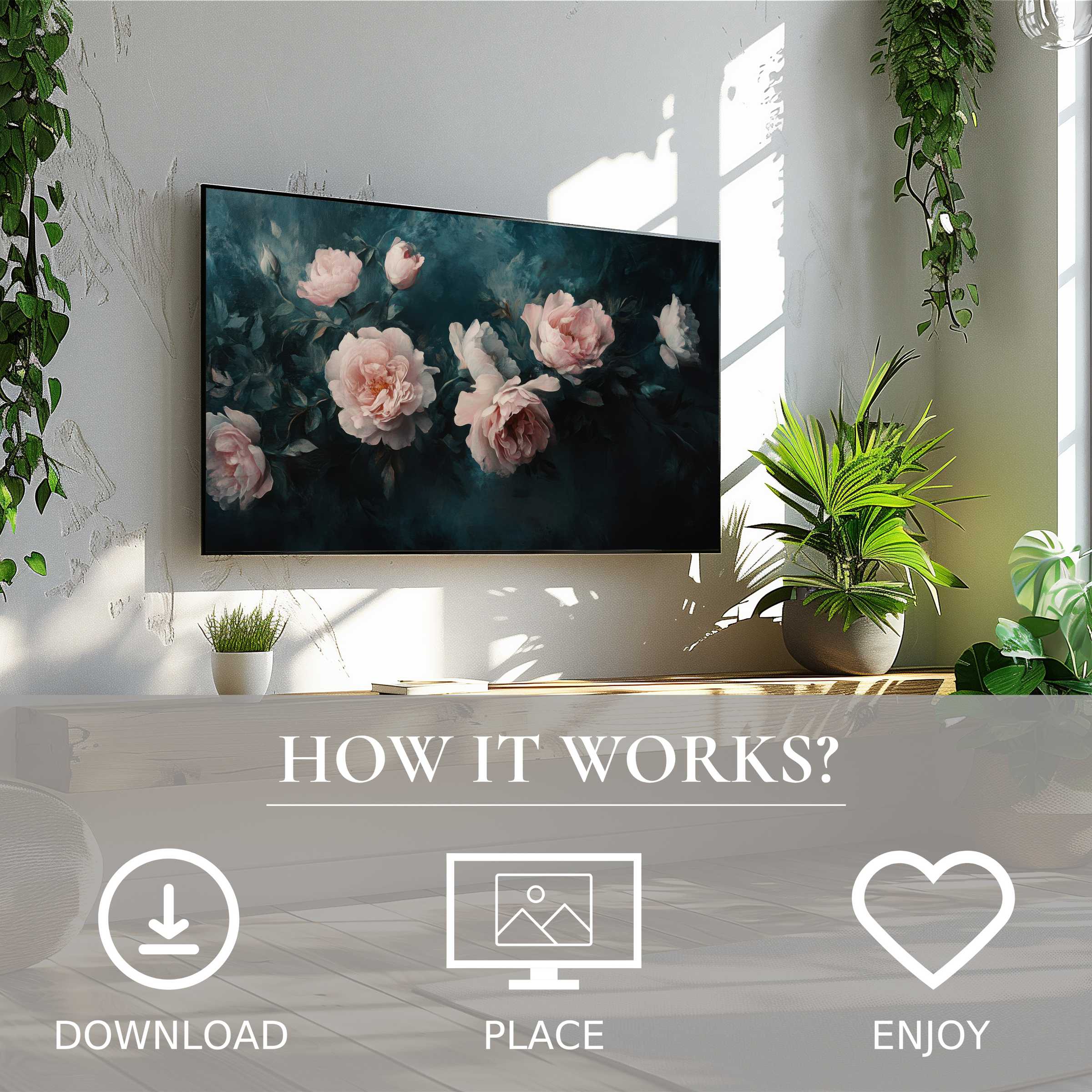 Modern living room with floral art for Samsung TV, soft pink blooms on dark background, easy digital download enriches space