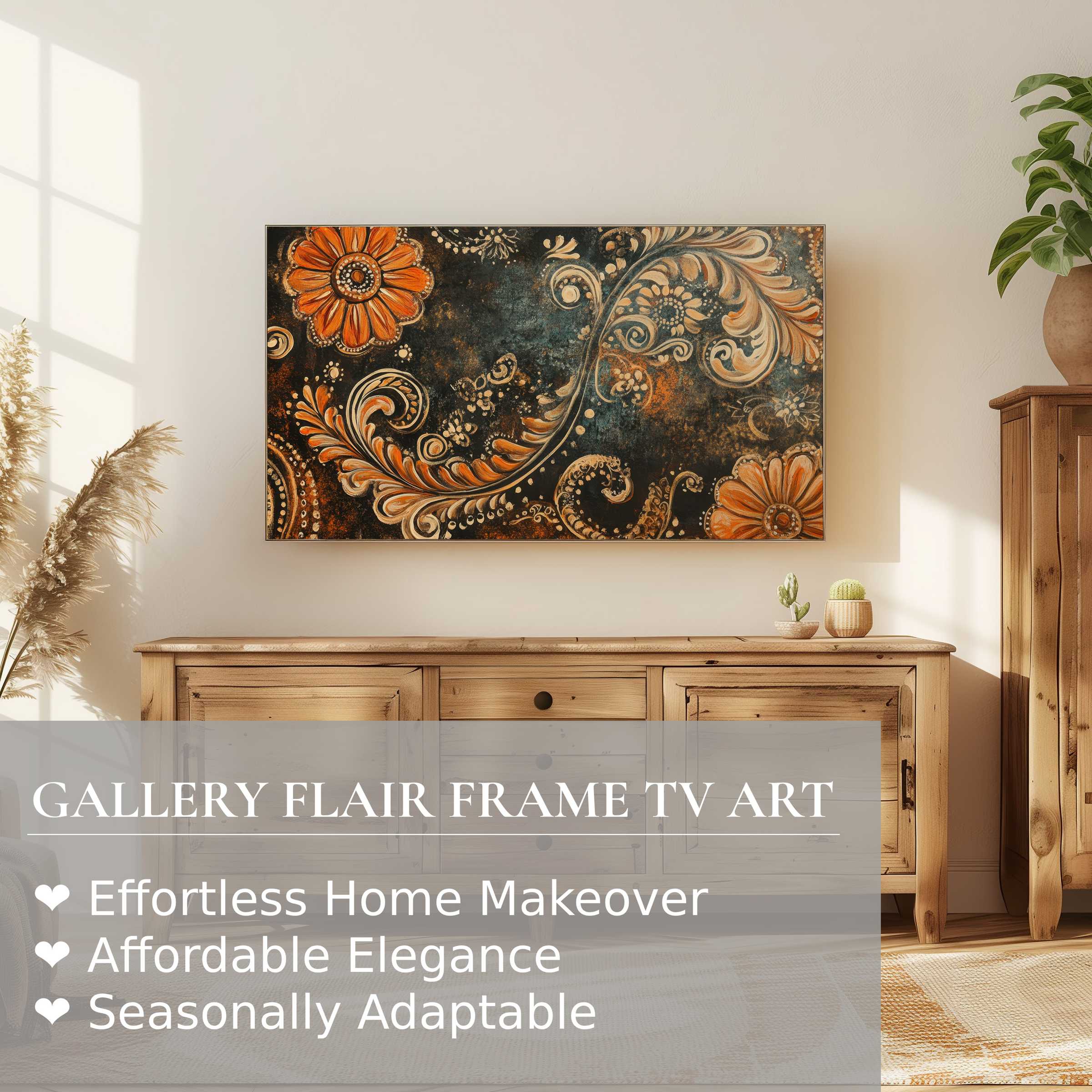 Samsung Frame TV displaying warm-toned boho digital artwork in a serene, airy living space with natural wood accents