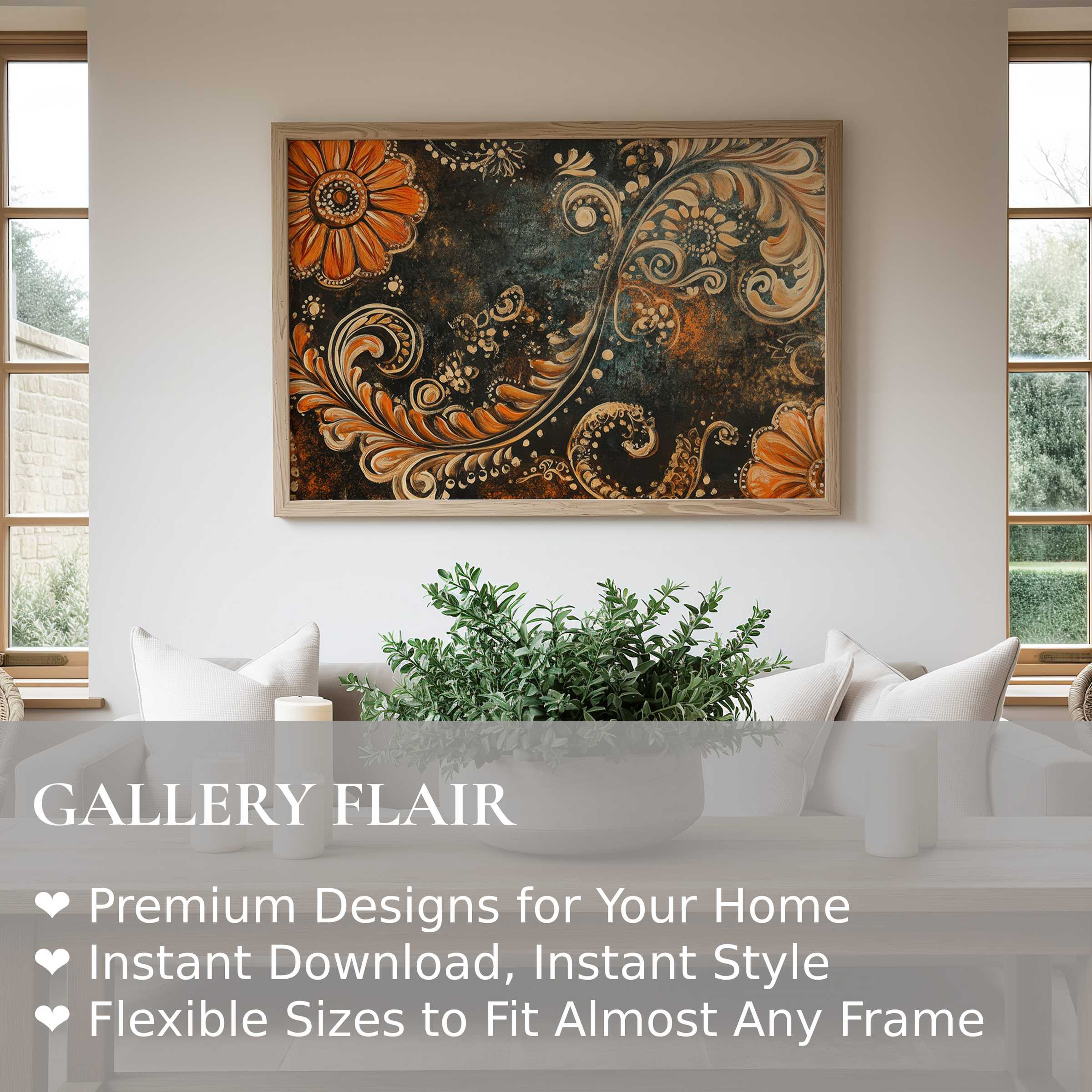 Boho wall art print with intricate floral swirls in warm tones, elevating serene, modern living spaces with bold, organic elegance