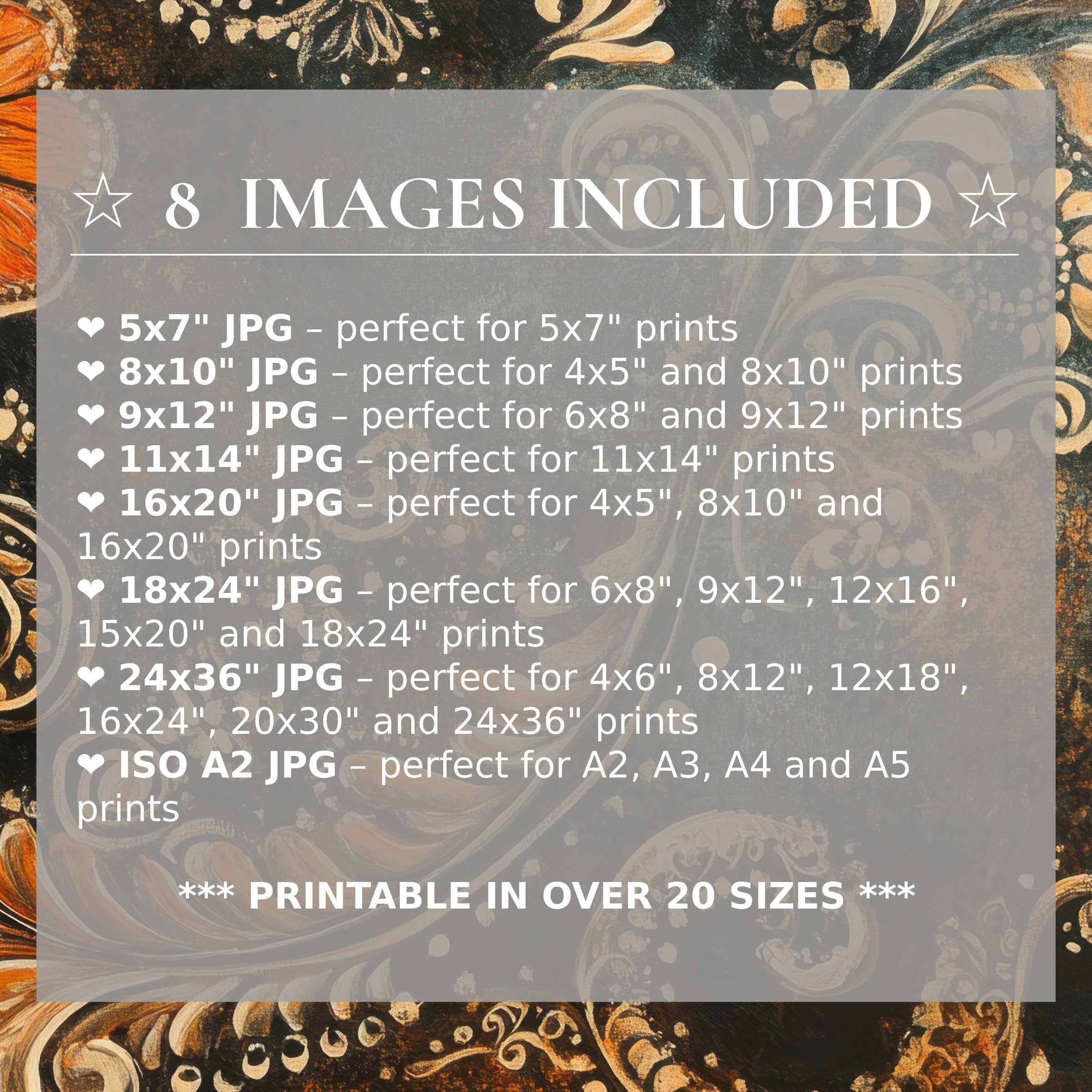 Boho digital print radiates warm amber and deep charcoal hues, elevating modern interiors with 8 high-quality sizes included