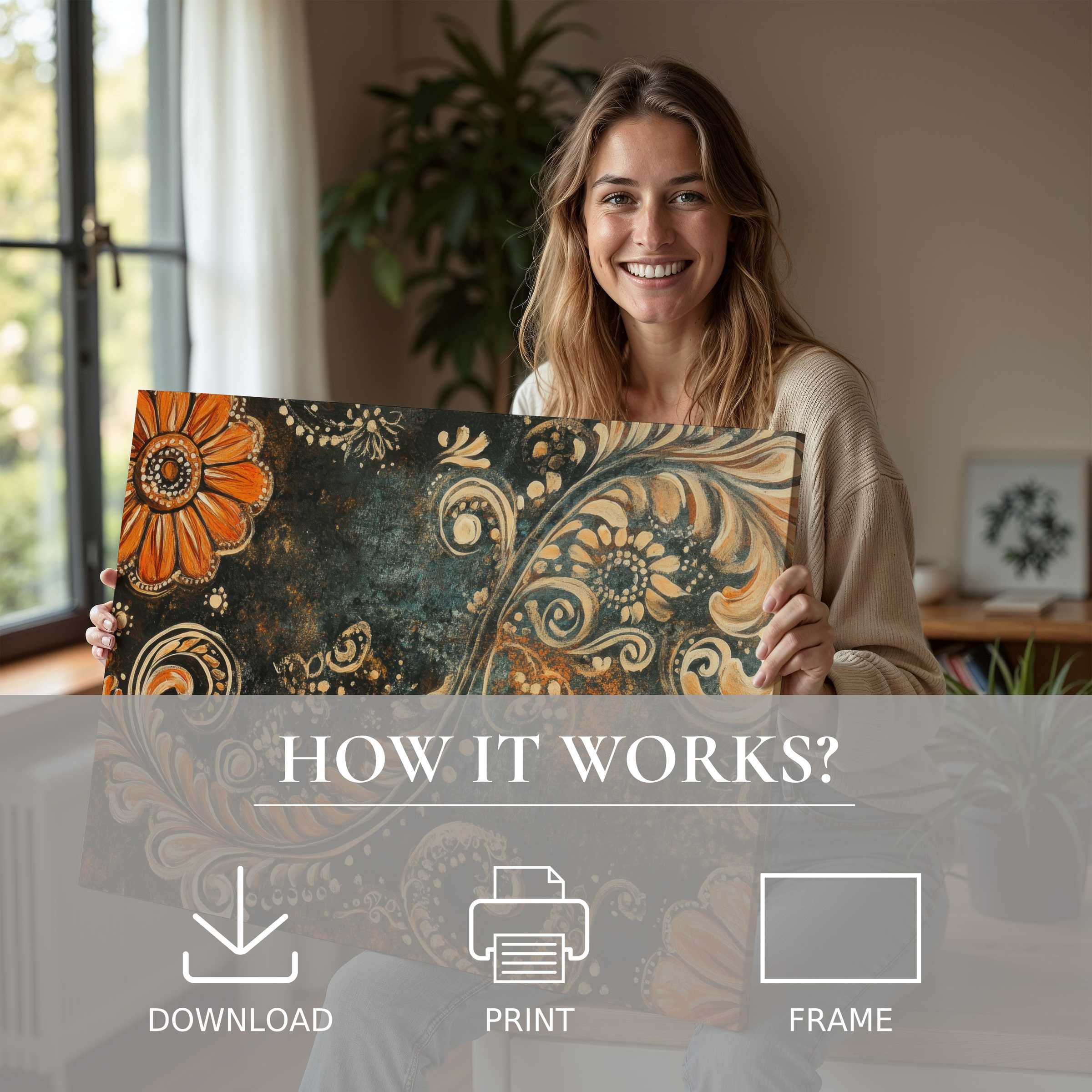 A radiant moment of connection with boho digital art print, blending warm amber florals and swirling patterns in a serene modern home