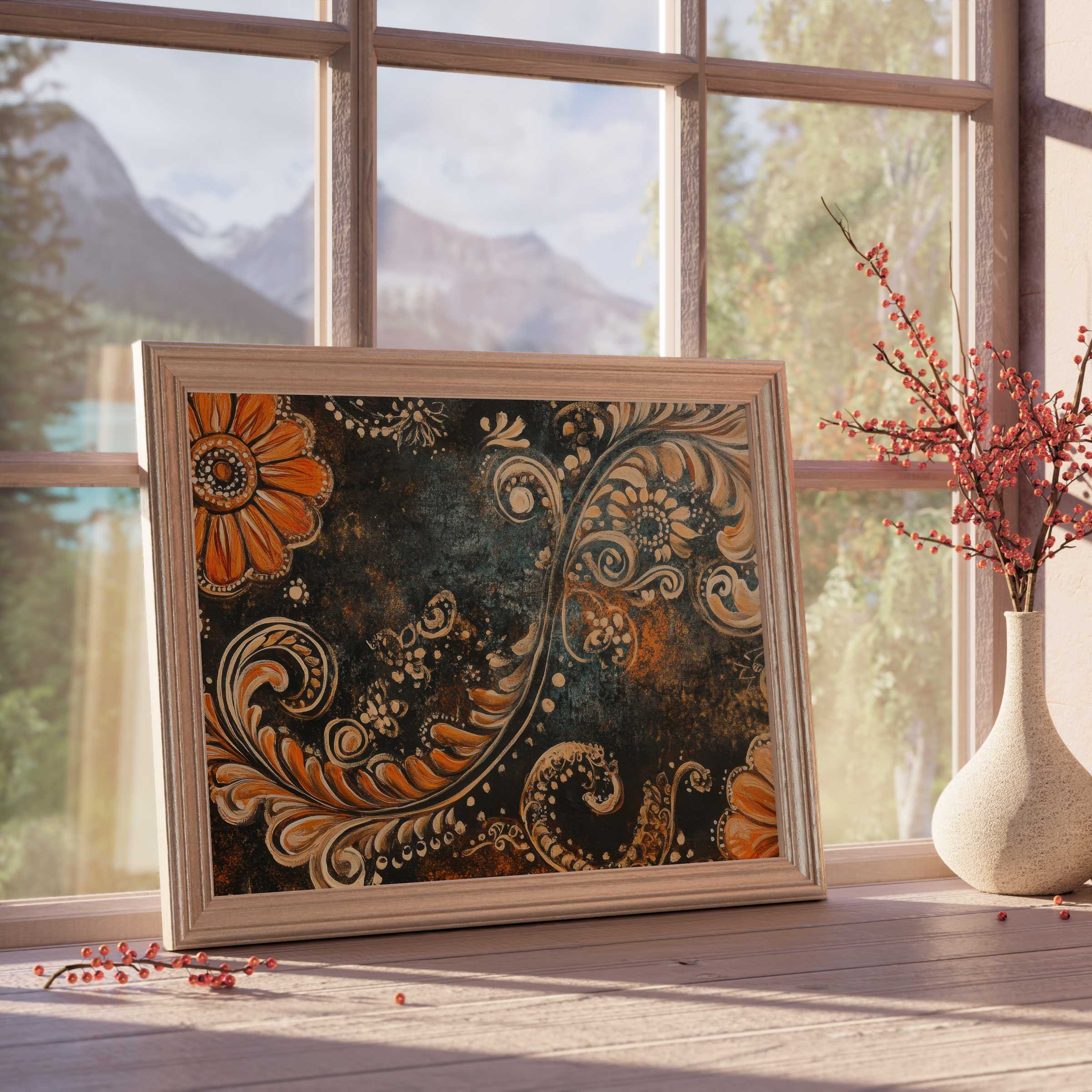 Boho downloadable art with warm ochre florals and ornate swirls, perfect for elevating serene, curated living spaces