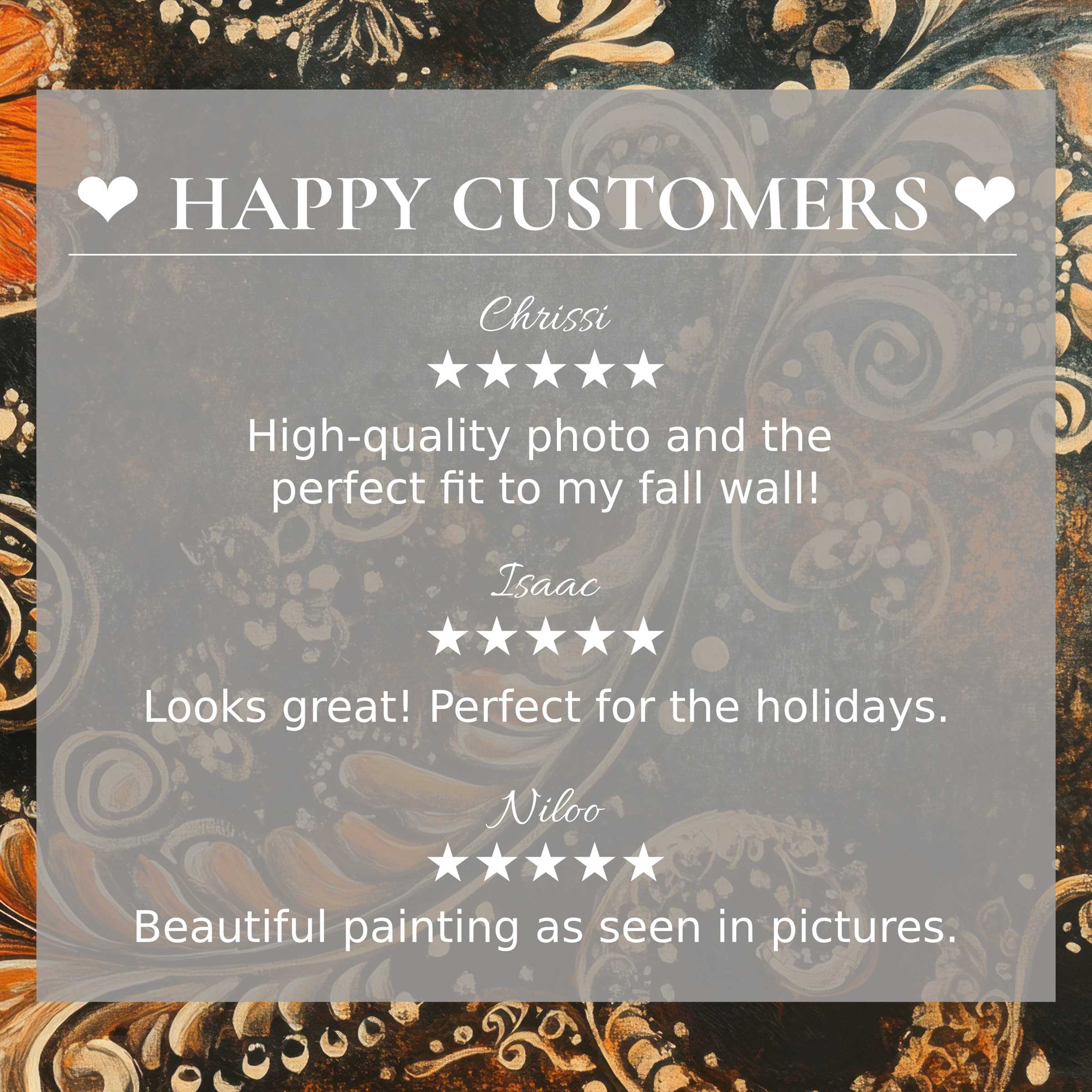 Boho art for Frame TV with abstract sunset hues; happy customer reviews emphasize trust and elegant style