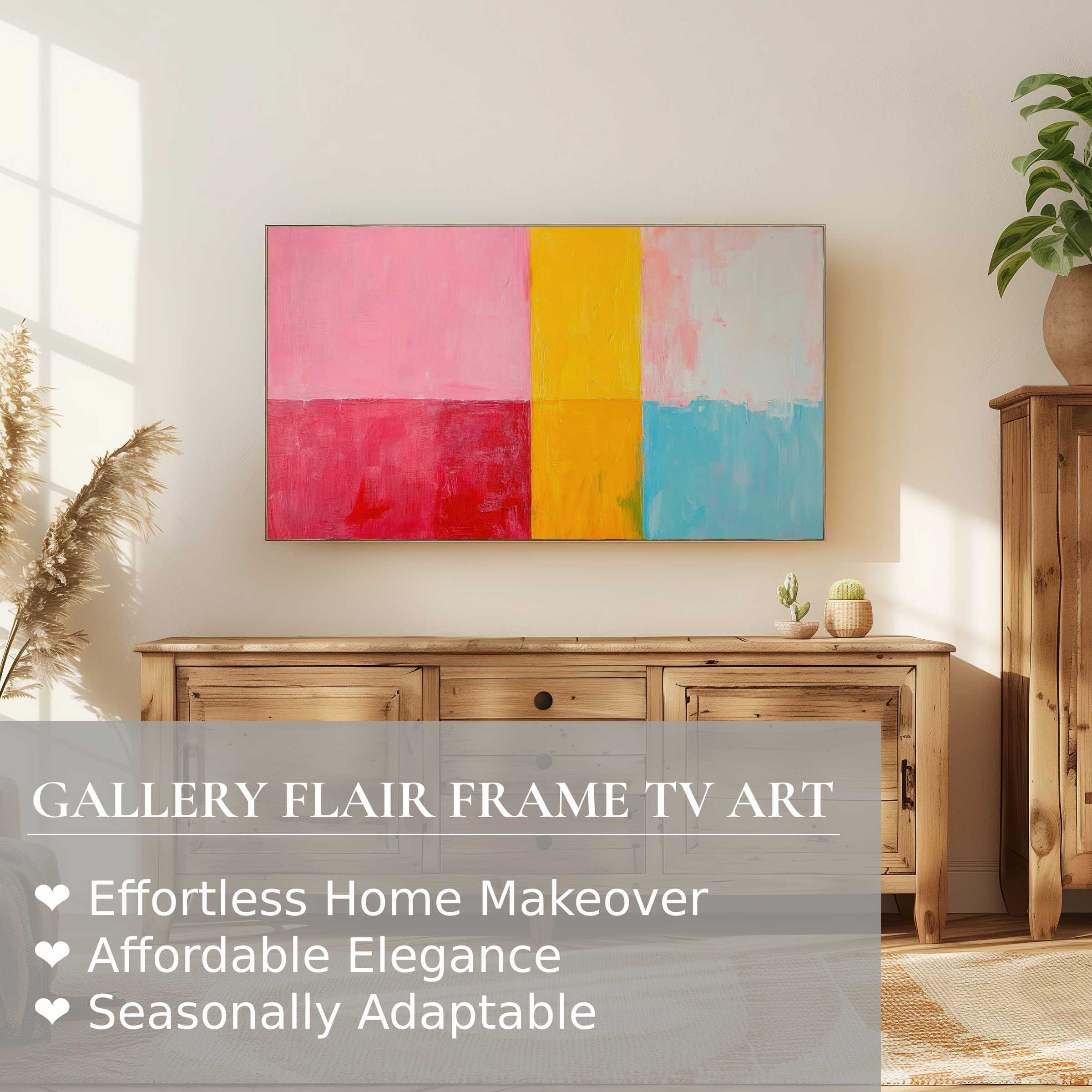 Samsung Frame TV displaying minimalist digital artwork in a sunlit, modern room with natural wood accents