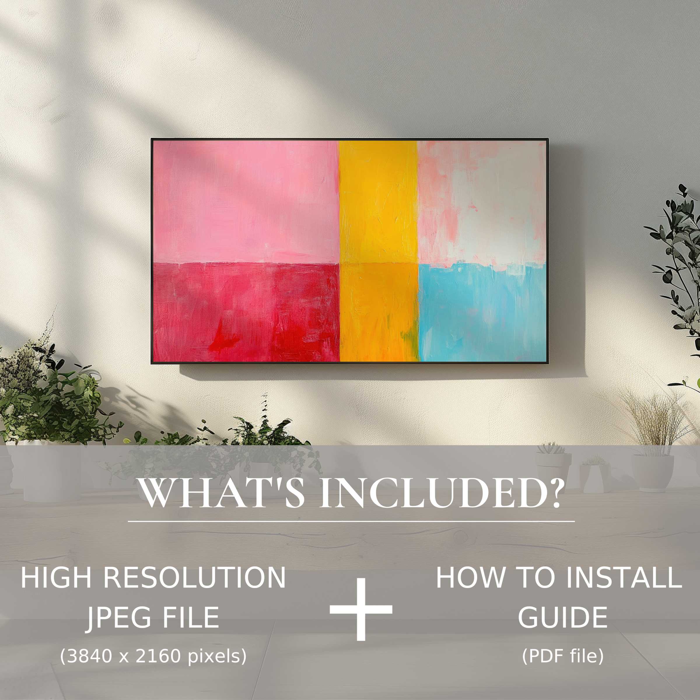 Minimalist digital TV art download in stylish living room, easy digital use enhancing modern home décor ambiance