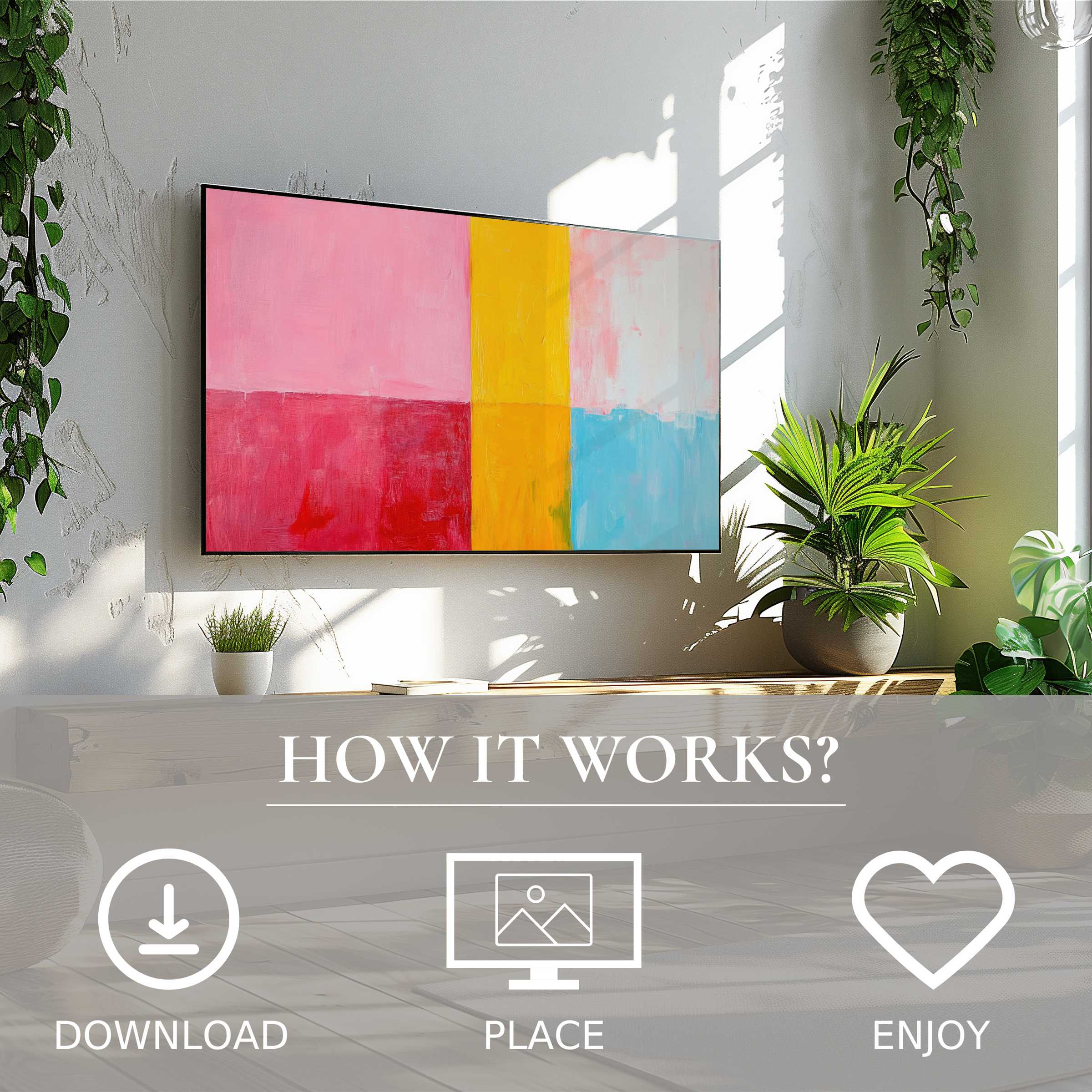 Minimalist art for Samsung TV showing bold color blocks enriches bright living space with easy digital download