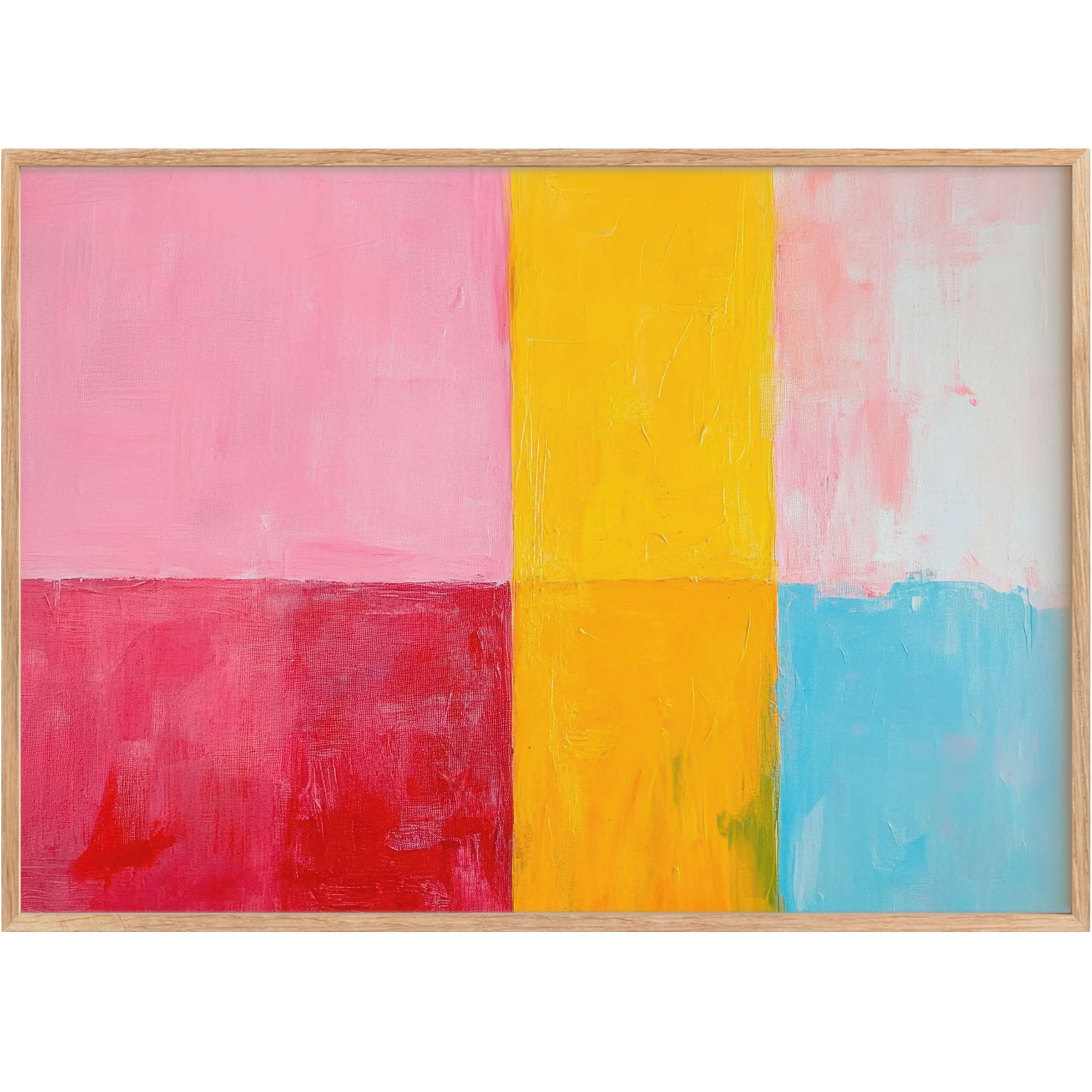 Minimalist printable wall art featuring bold color blocks in pink, yellow, red, and blue, creating a vibrant and uplifting ambiance