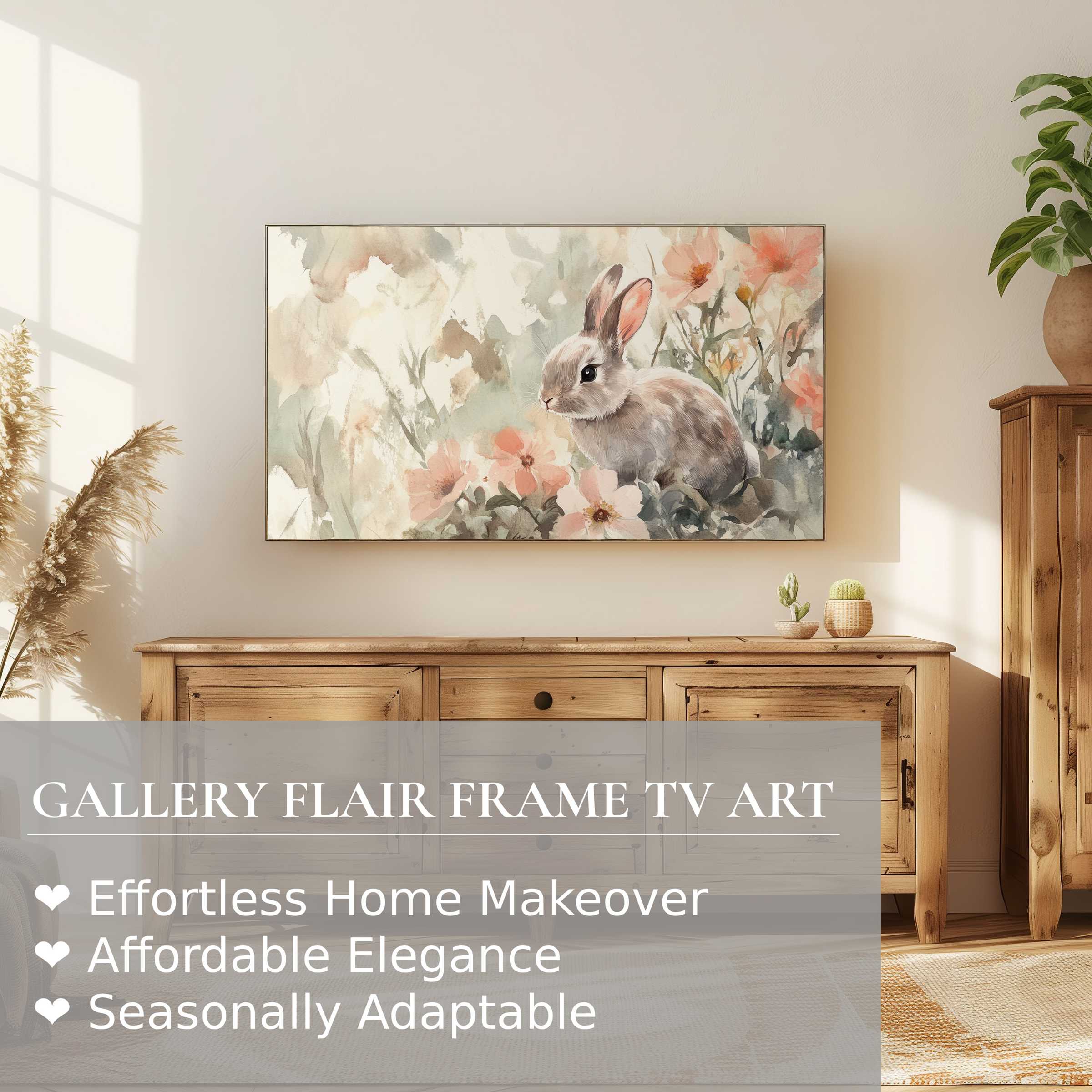 Samsung Frame TV displaying elegant, soft watercolor easter digital artwork in a warm, modern living room setting